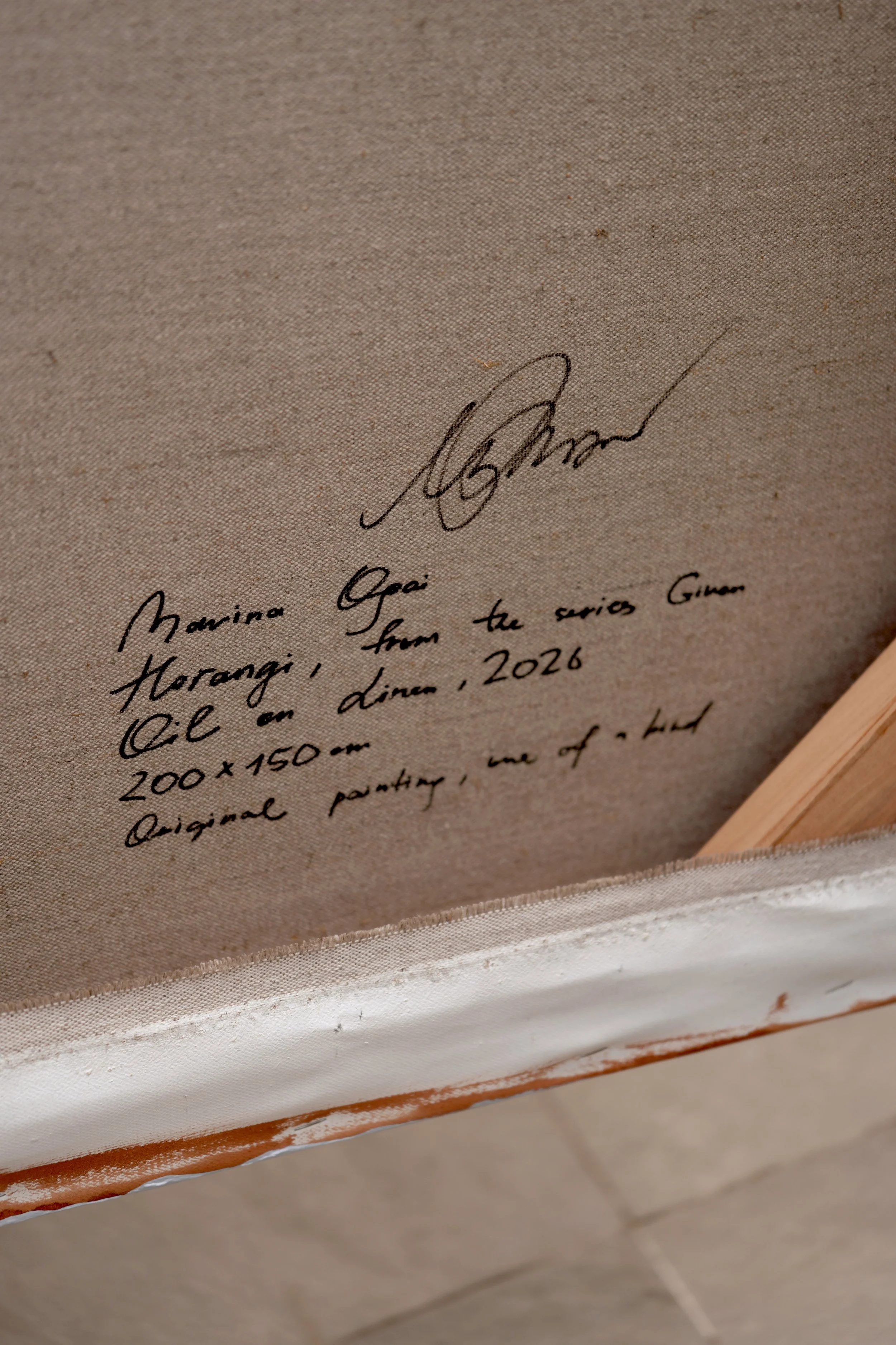 Handwritten signature and inscription on the back of the canvas: Horangi, oil on linen, 2026, by Marina Ogai