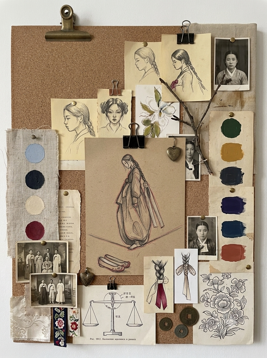Marina Ogai's archive board: pencil drawings of women in hanbok, old Korean family photos, botanical prints, ribbons and paint-colour swatches