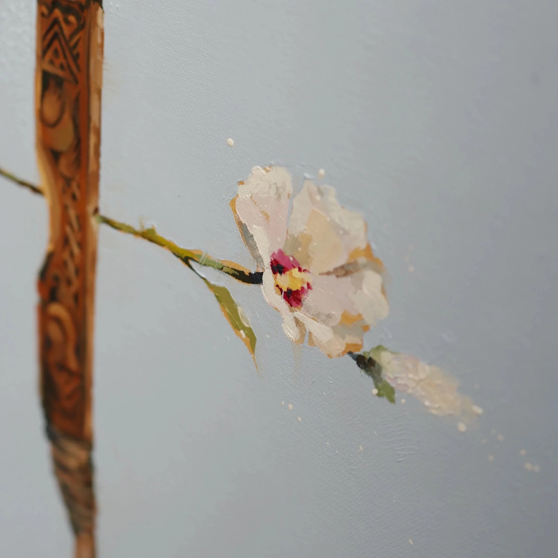 Close-up detail of an oil painting by Marina Ogai, focusing on the textured brushstrokes of a delicate pink mugunghwa flower attached to a wooden arrow shaft.