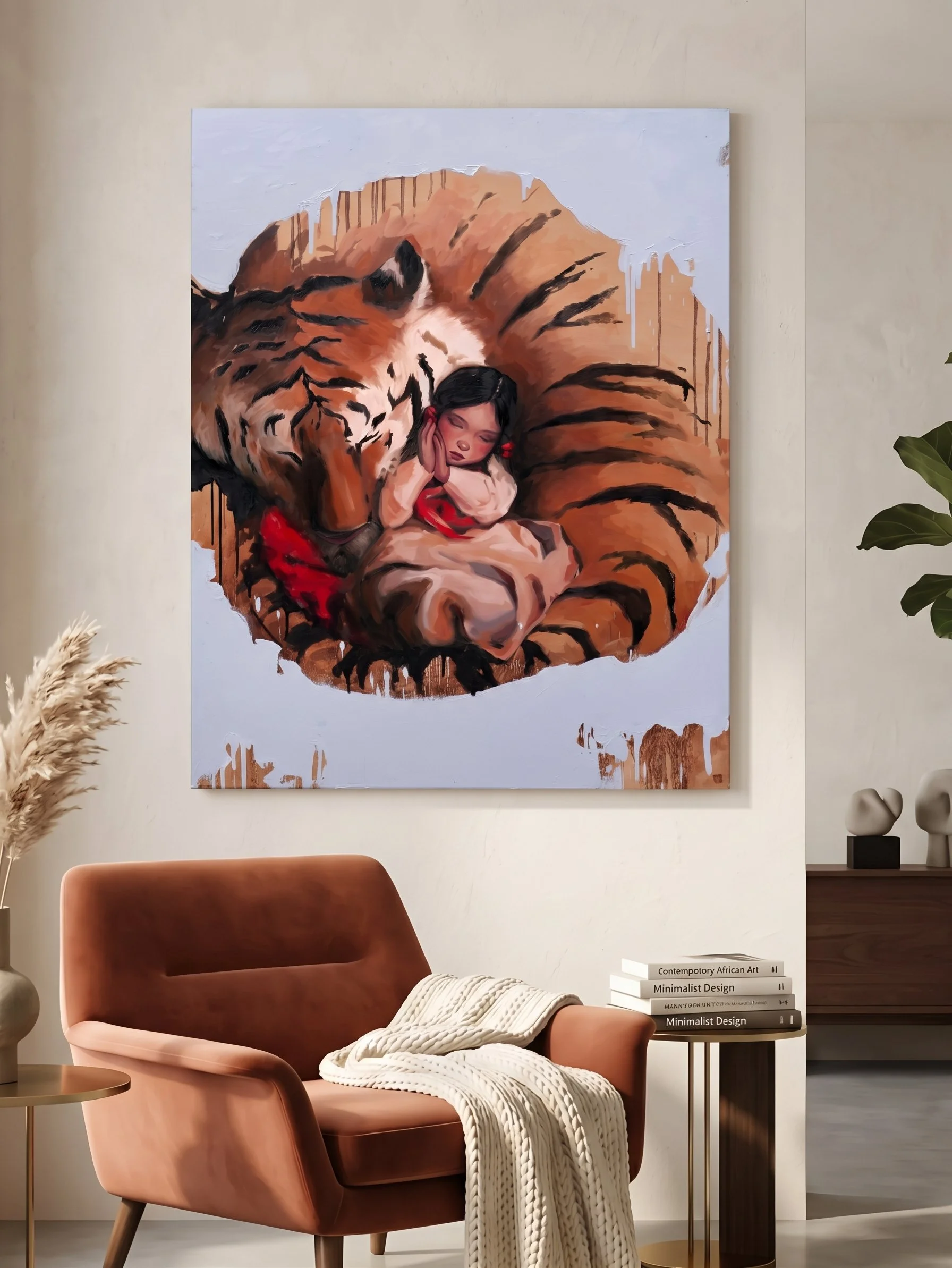 Sanctuary by Marina Ogai on a white wall above a blush lounge chair with a throw and books, showing the scale of the 120 × 90 cm canvas