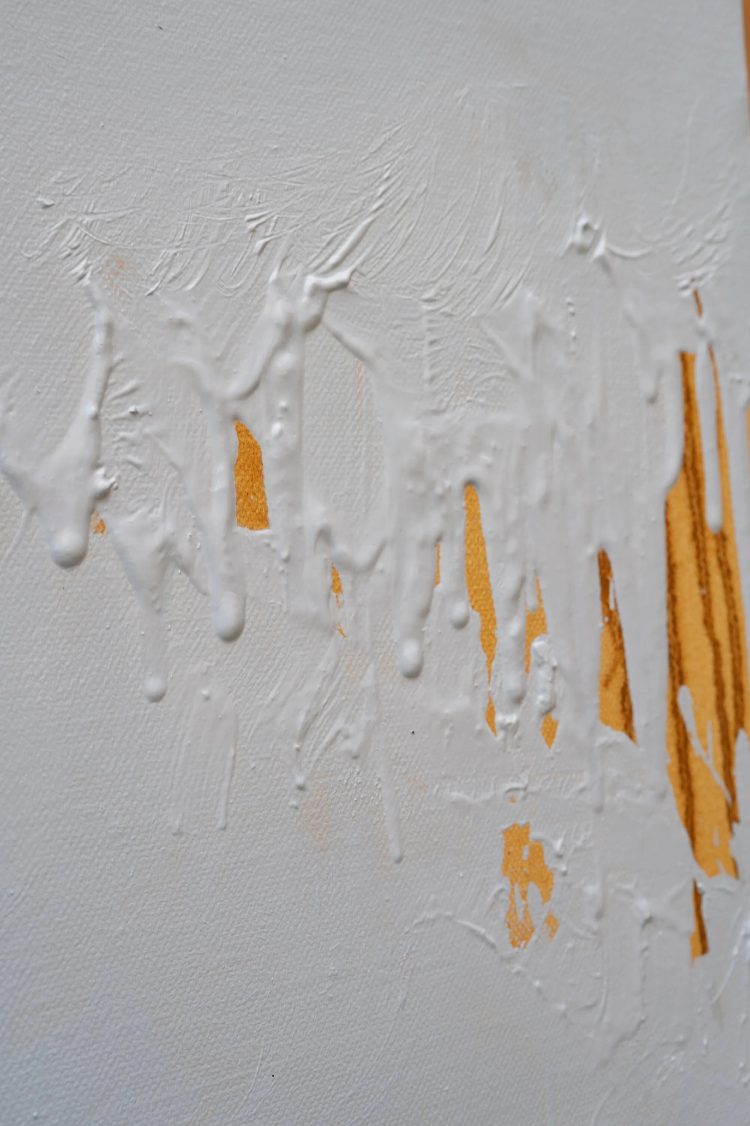 White impasto paint running over ochre underlayers, surface detail of an oil painting by Marina Ogai