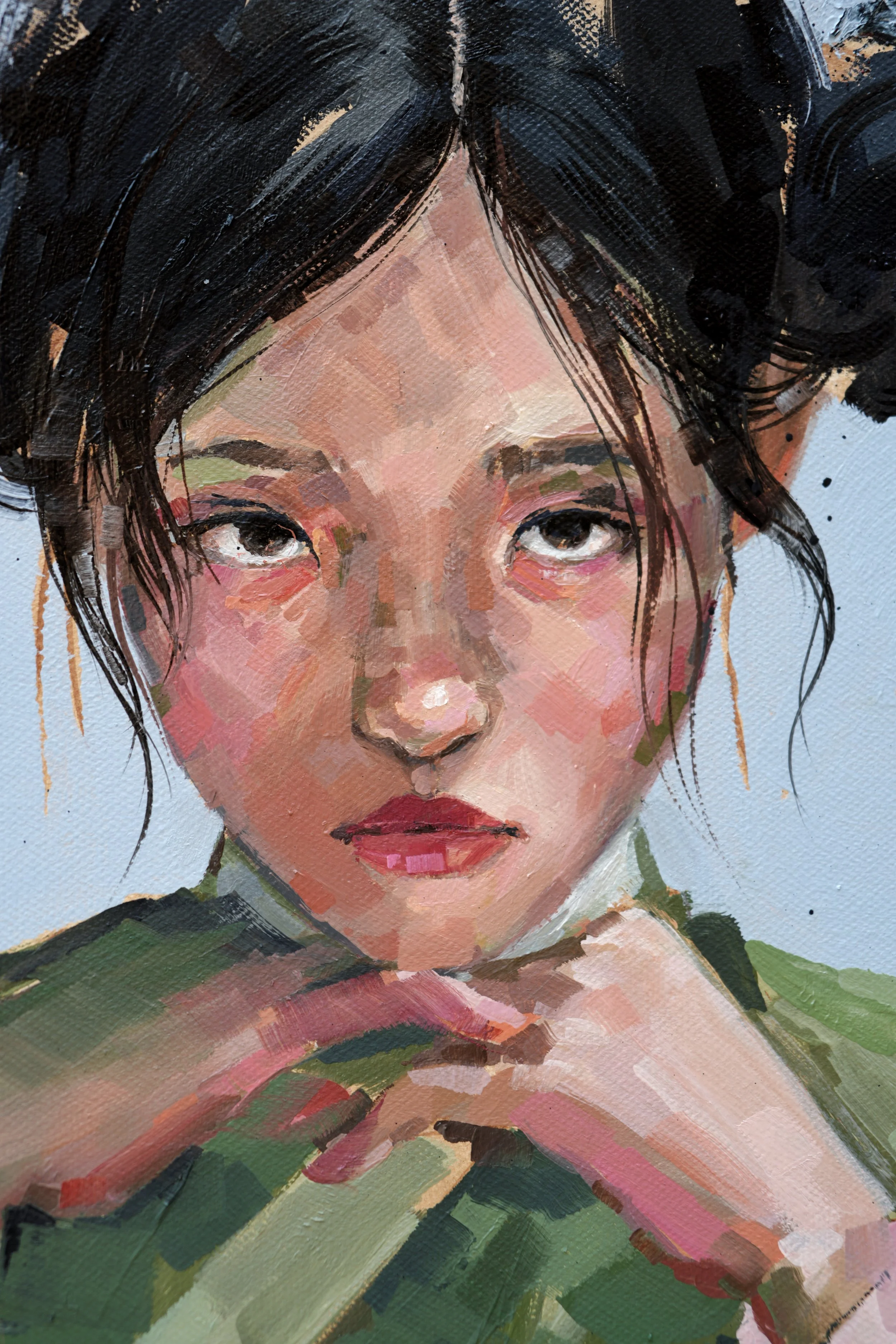 Close-up of a young girl's face with a wary sidelong gaze and black hair in twin buns, angular oil brushstrokes, from Given by Marina Ogai