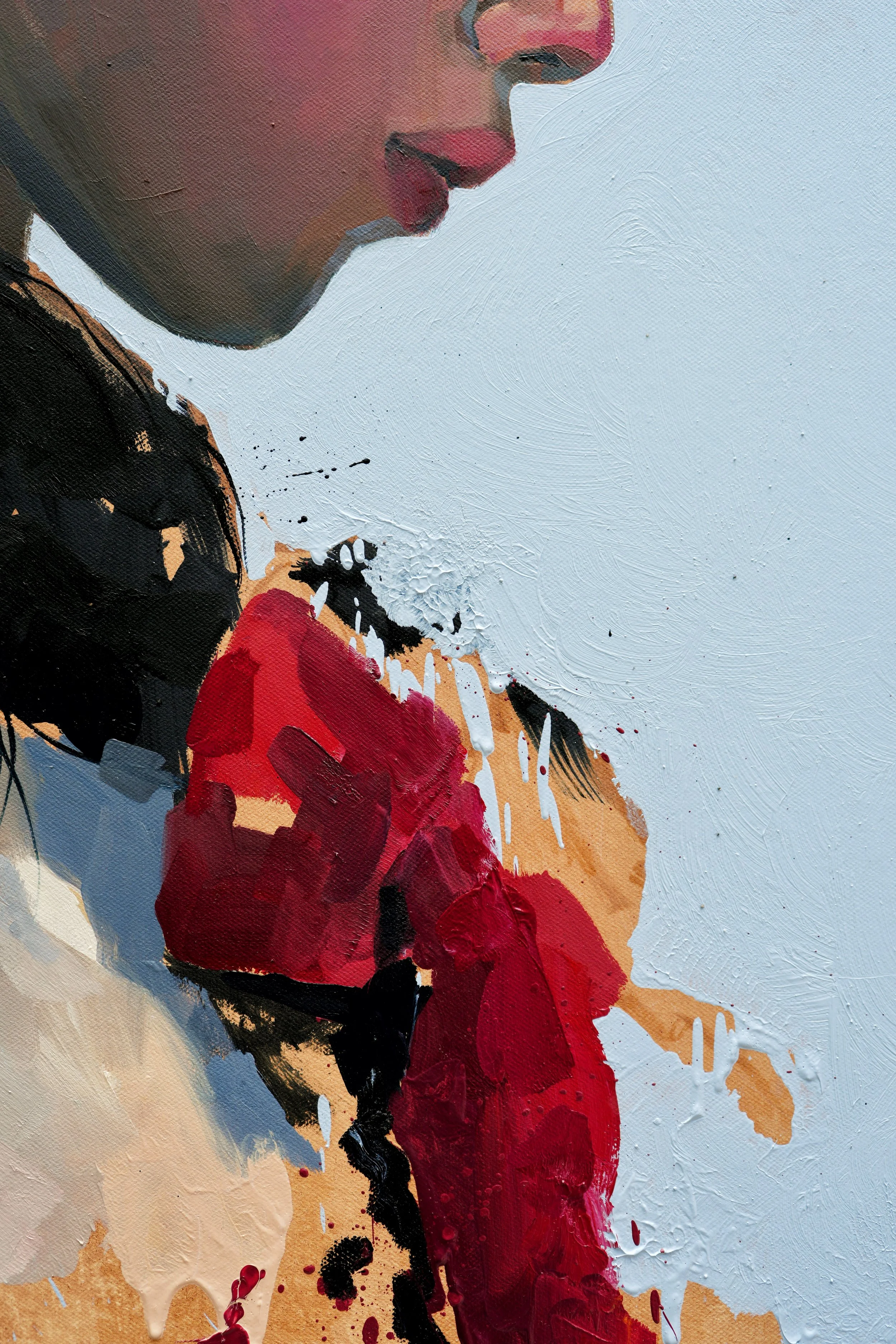 Red hanbok ribbon in thick palette knife strokes against black hair and pale blue, detail of The Encounter by Marina Ogai