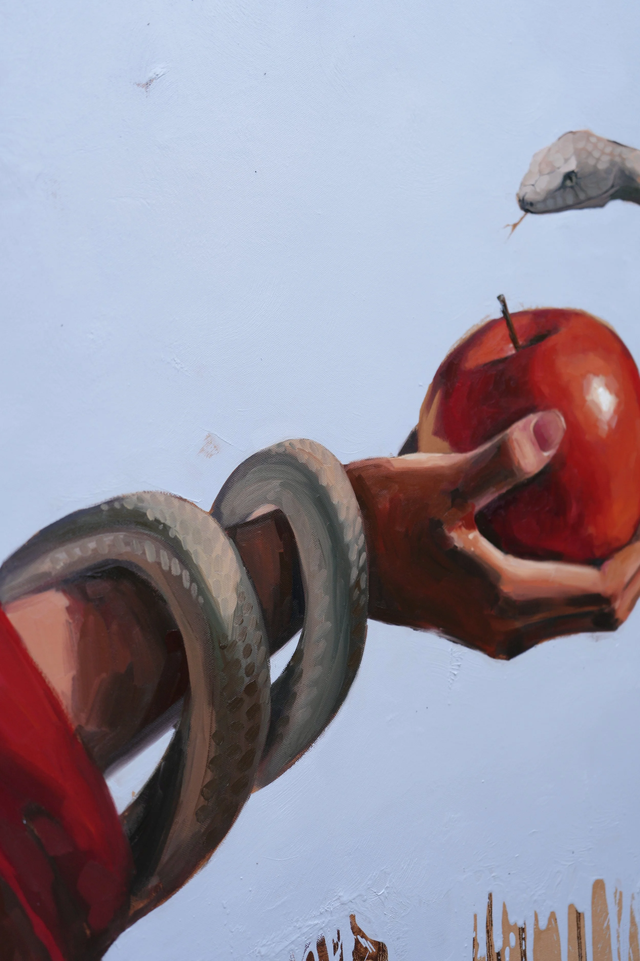Sagwa, detail – grey snake coils wrapped around the forearm below the red sleeve, the apple held out ahead, by Marina Ogai