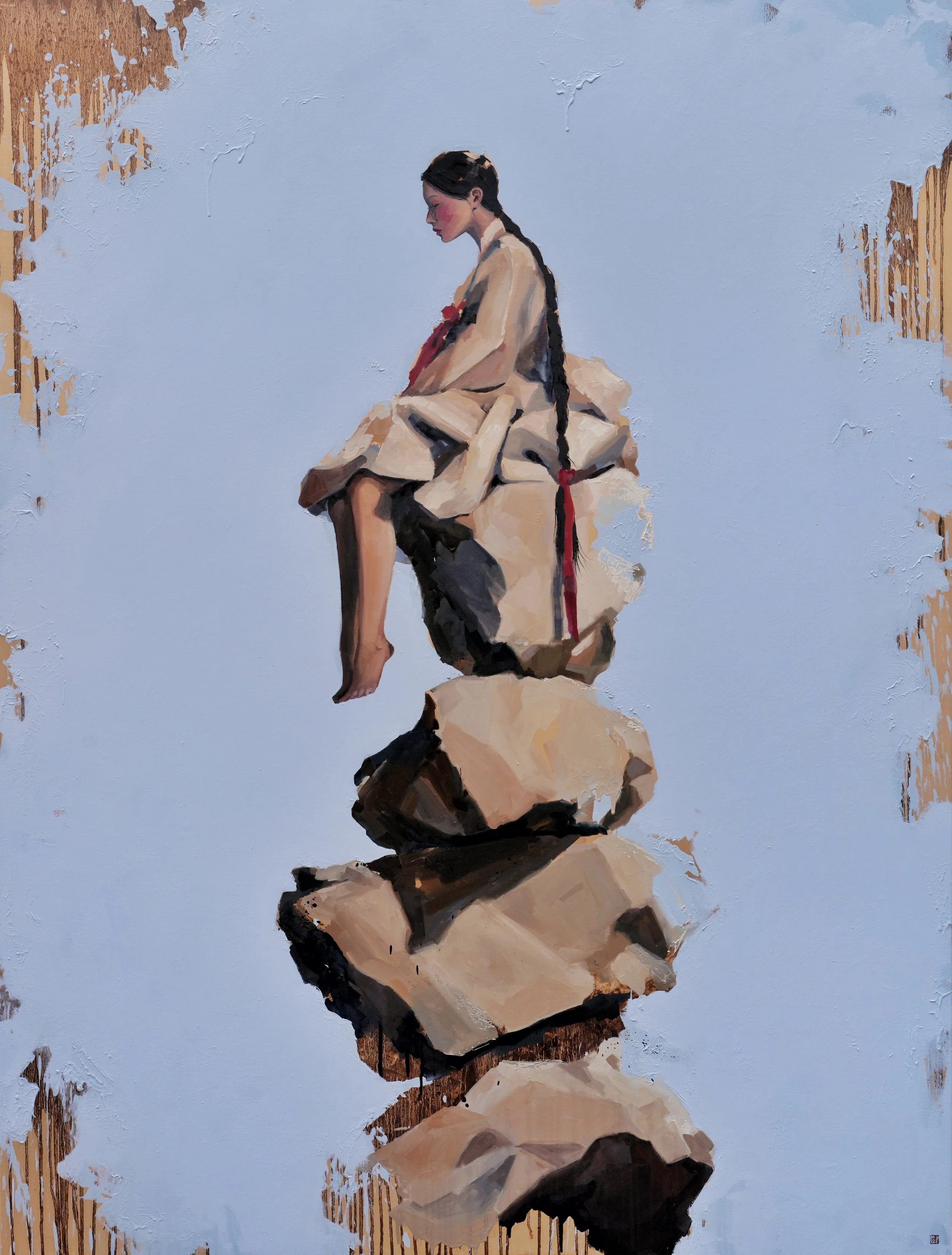 Cairn by Marina Ogai – oil painting of a woman in hanbok seated on a stack of stones against a pale blue sky
