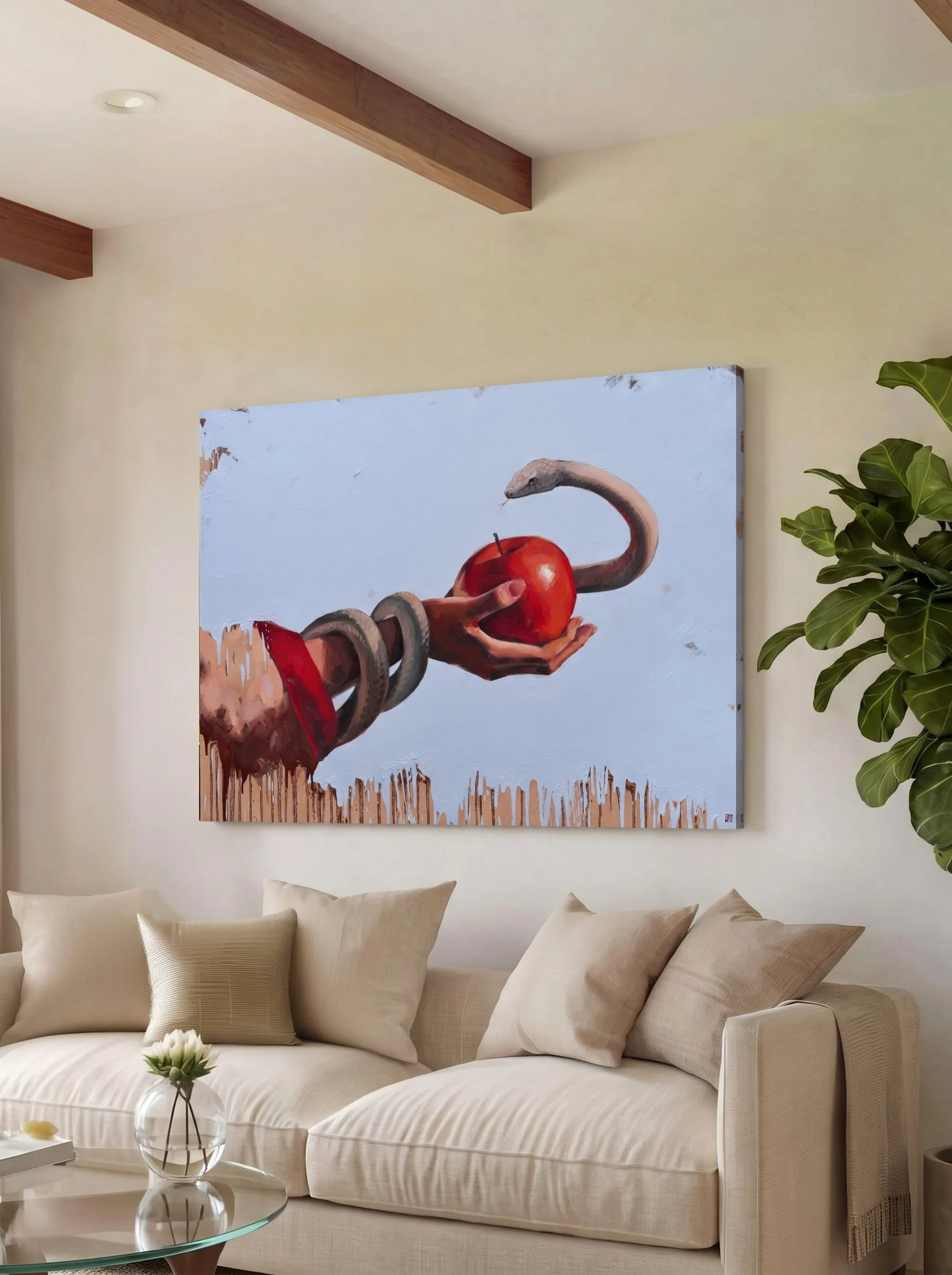 Room mockup: Sagwa by Marina Ogai above a cream sofa in a living room with wooden beams