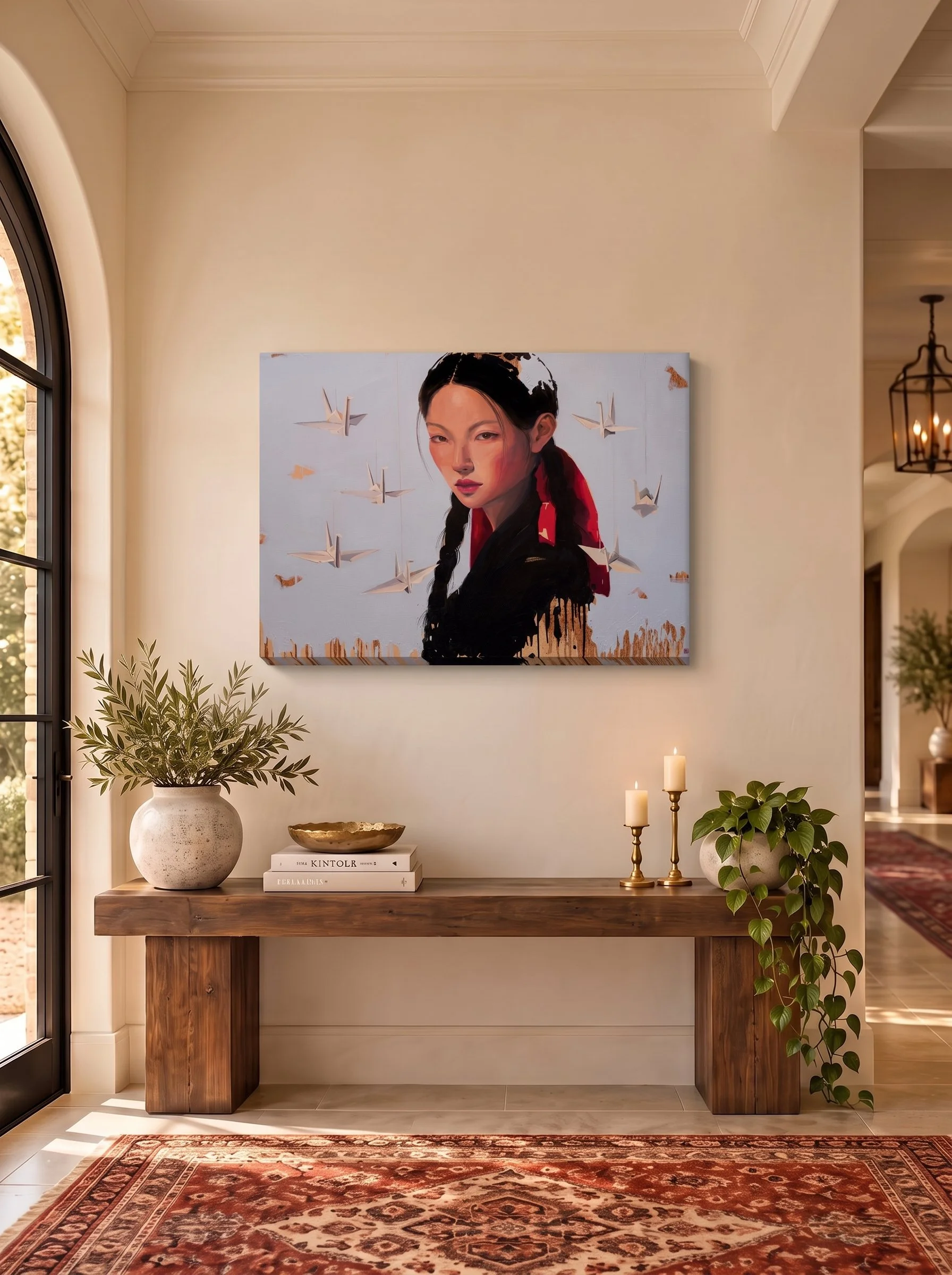 Jeopgi in a hallway above a wooden console table with plants and candles, by Marina Ogai