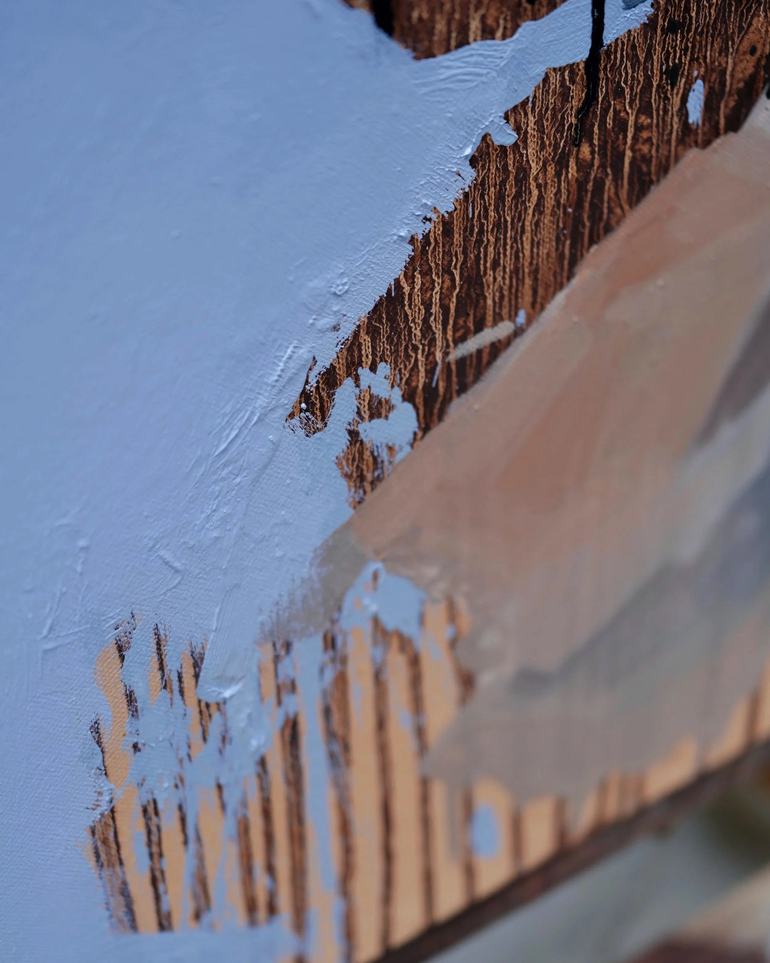 Detail of Cairn by Marina Ogai: the bottom stone against a pale blue ground, with warm drips of imprimatura showing through, oil on linen