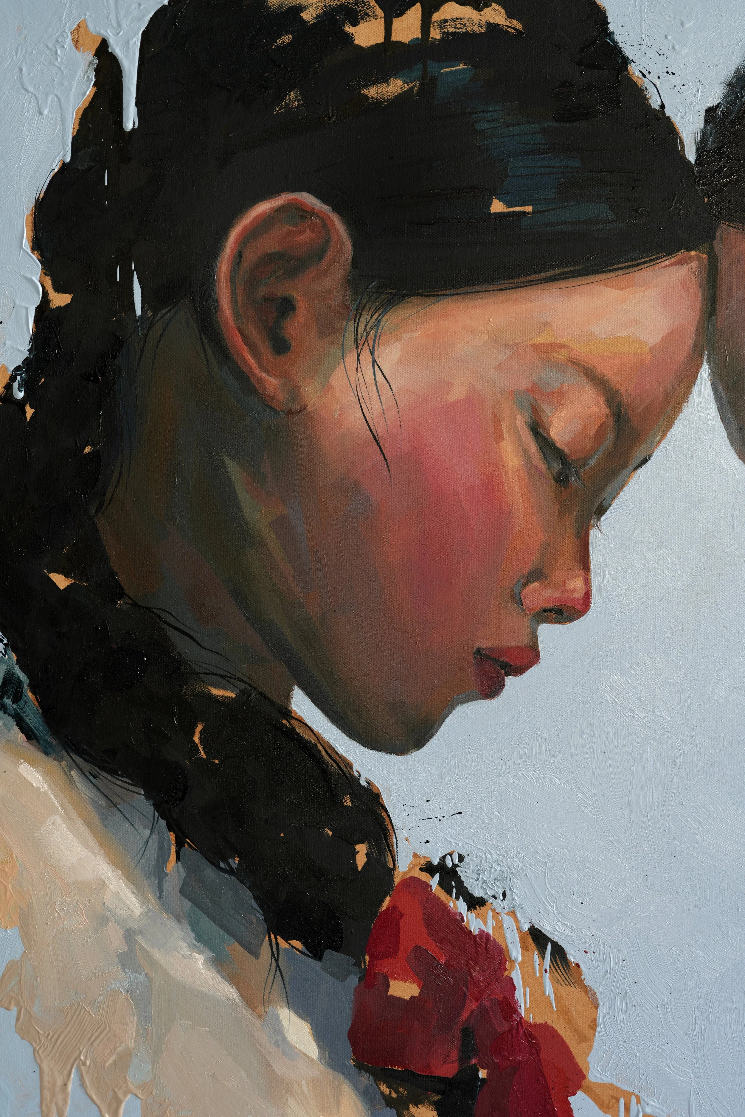 Close-up of the younger face in profile, flushed cheek and closed eyes, detail of The Encounter by Marina Ogai