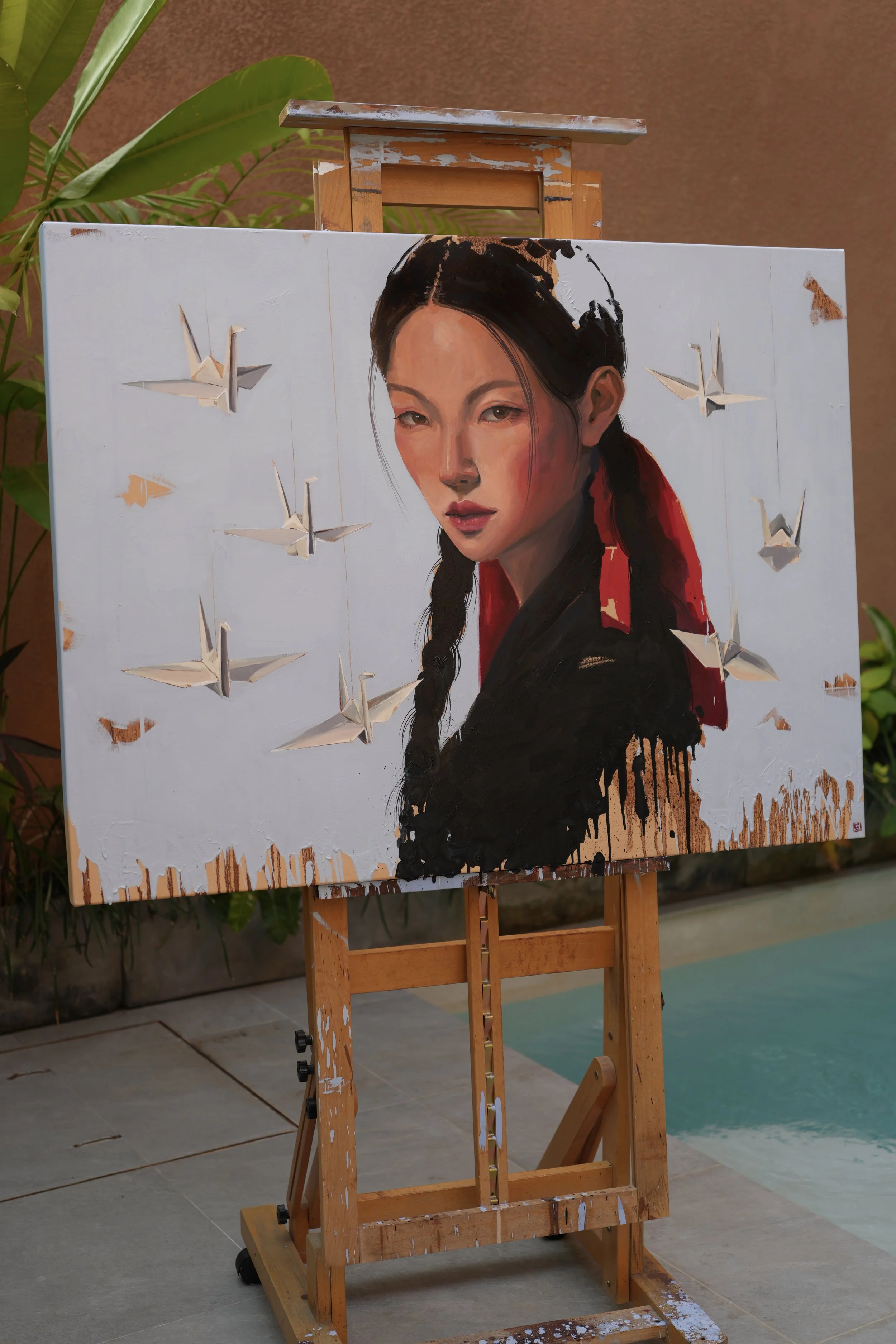 Jeopgi on a wooden easel outdoors in natural light, oil on linen canvas by Marina Ogai