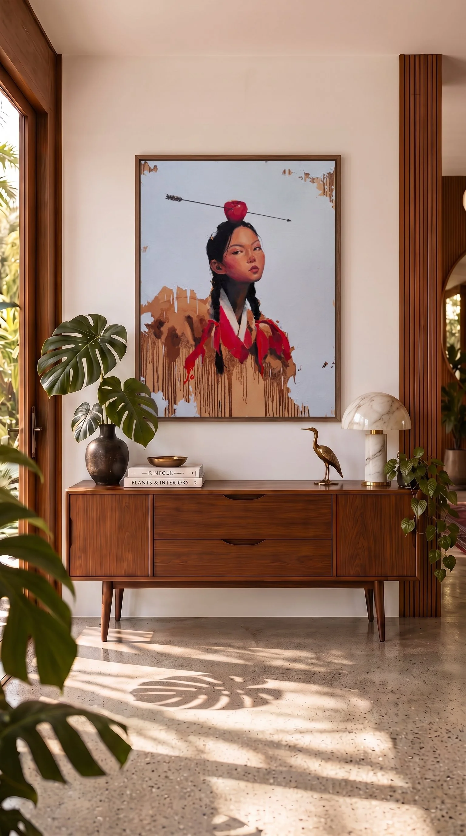 Framed oil painting by Marina Ogai of a woman with braids and an arrow-pierced apple on her head, above a wooden sideboard.