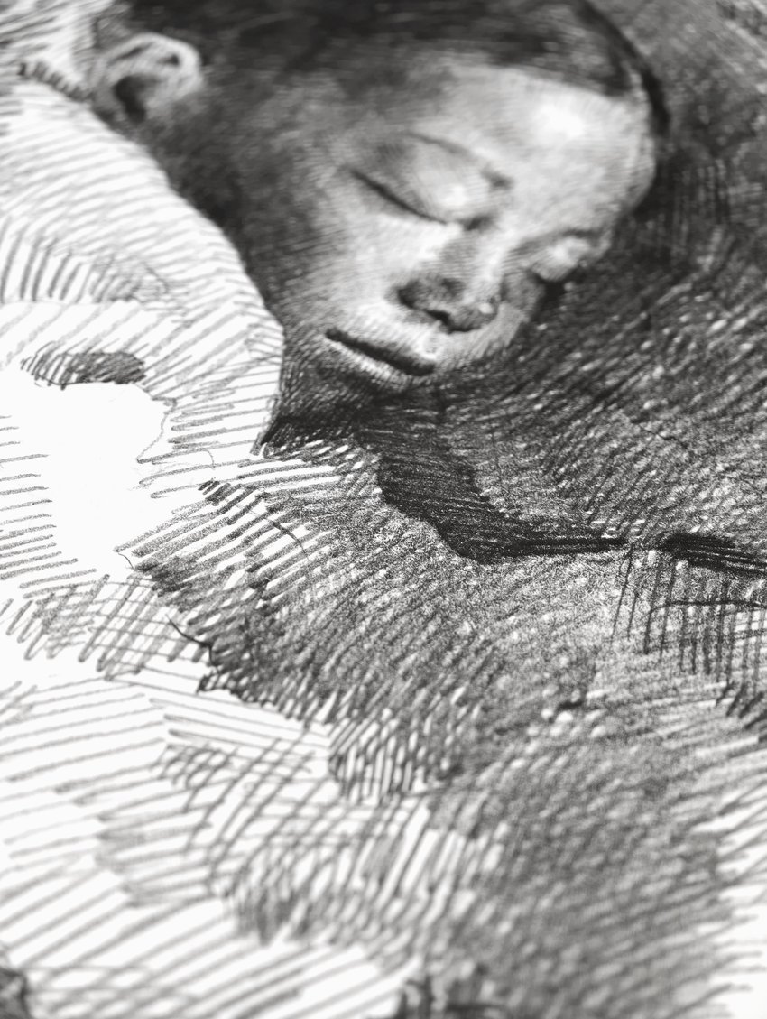 Sleeping child's face with closed eyes, framed in dense pencil hatching, from The In-Between by Marina Ogai