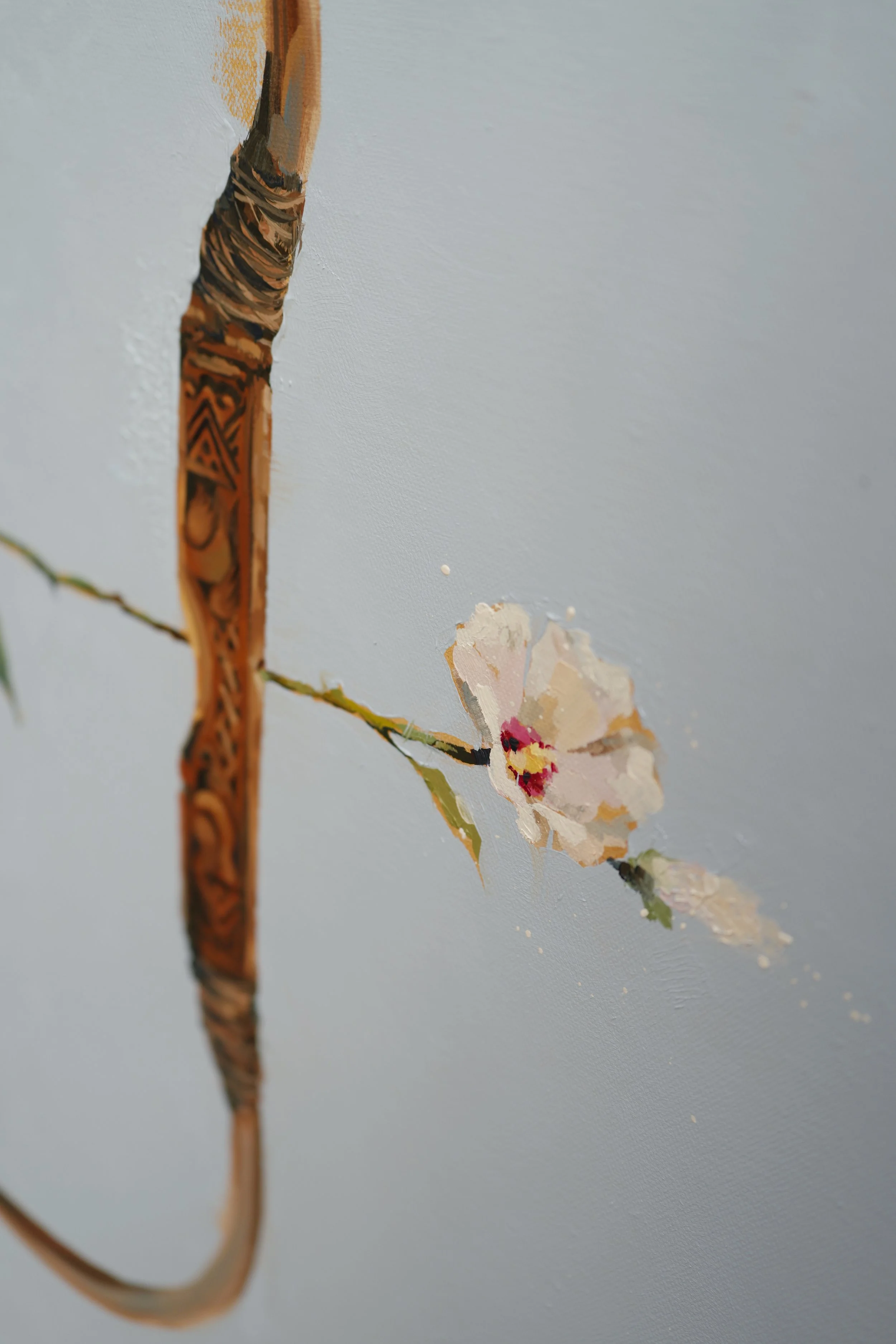 Carved bow grip with the flowering shaft passing through it, oil on linen detail, from Given by Marina Ogai