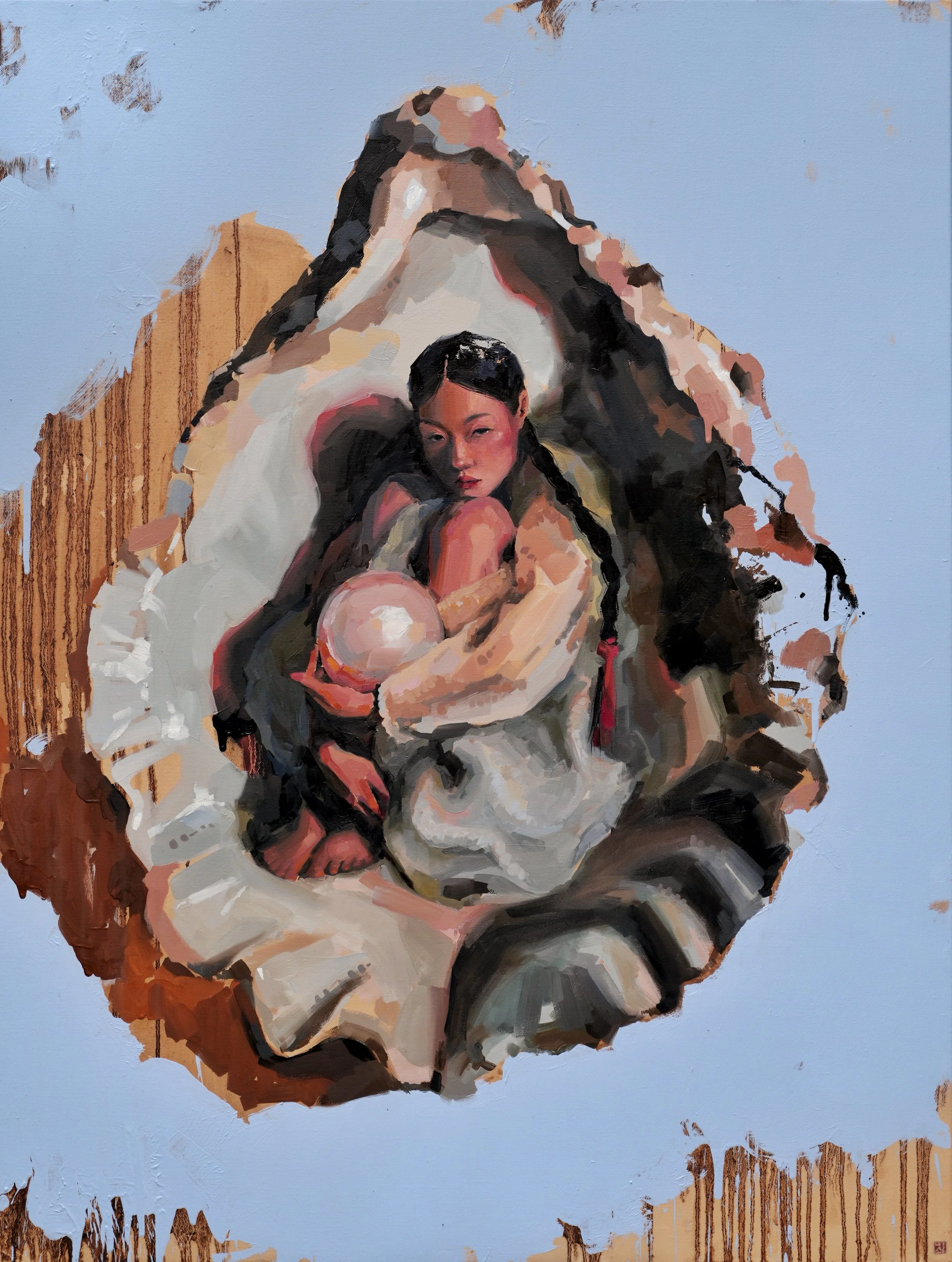 Woman in hanbok curled inside an open oyster shell, holding a large pink pearl, pale blue ground – Formation, oil on linen by Marina Ogai