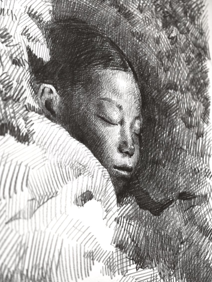Sleeping child's face with closed eyes, framed in dense pencil hatching, from The In-Between by Marina Ogai