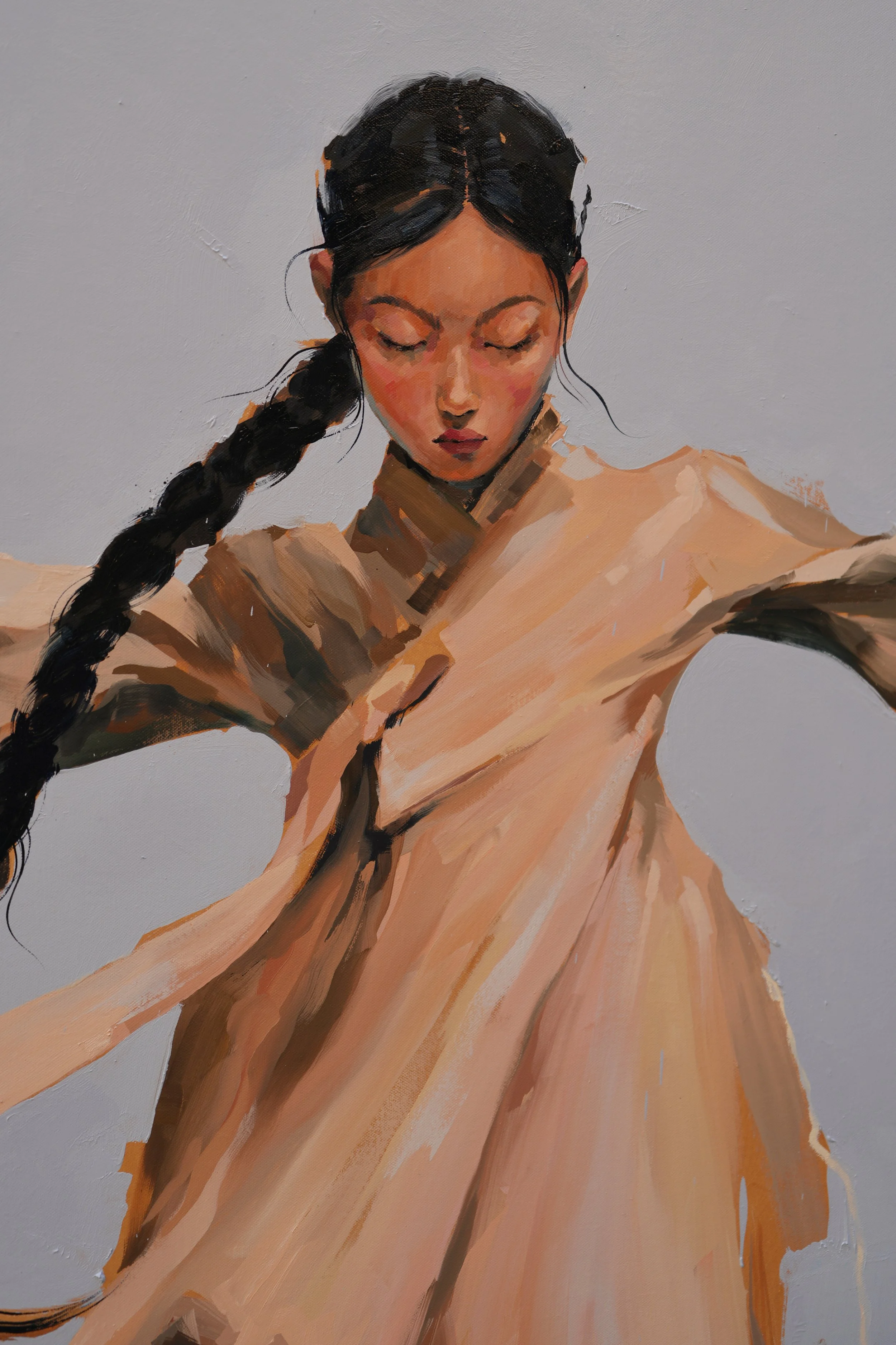 Close view of a girl in hanbok with lowered eyes and a long black braid, loose brushwork, oil on linen, from Given by Marina Ogai