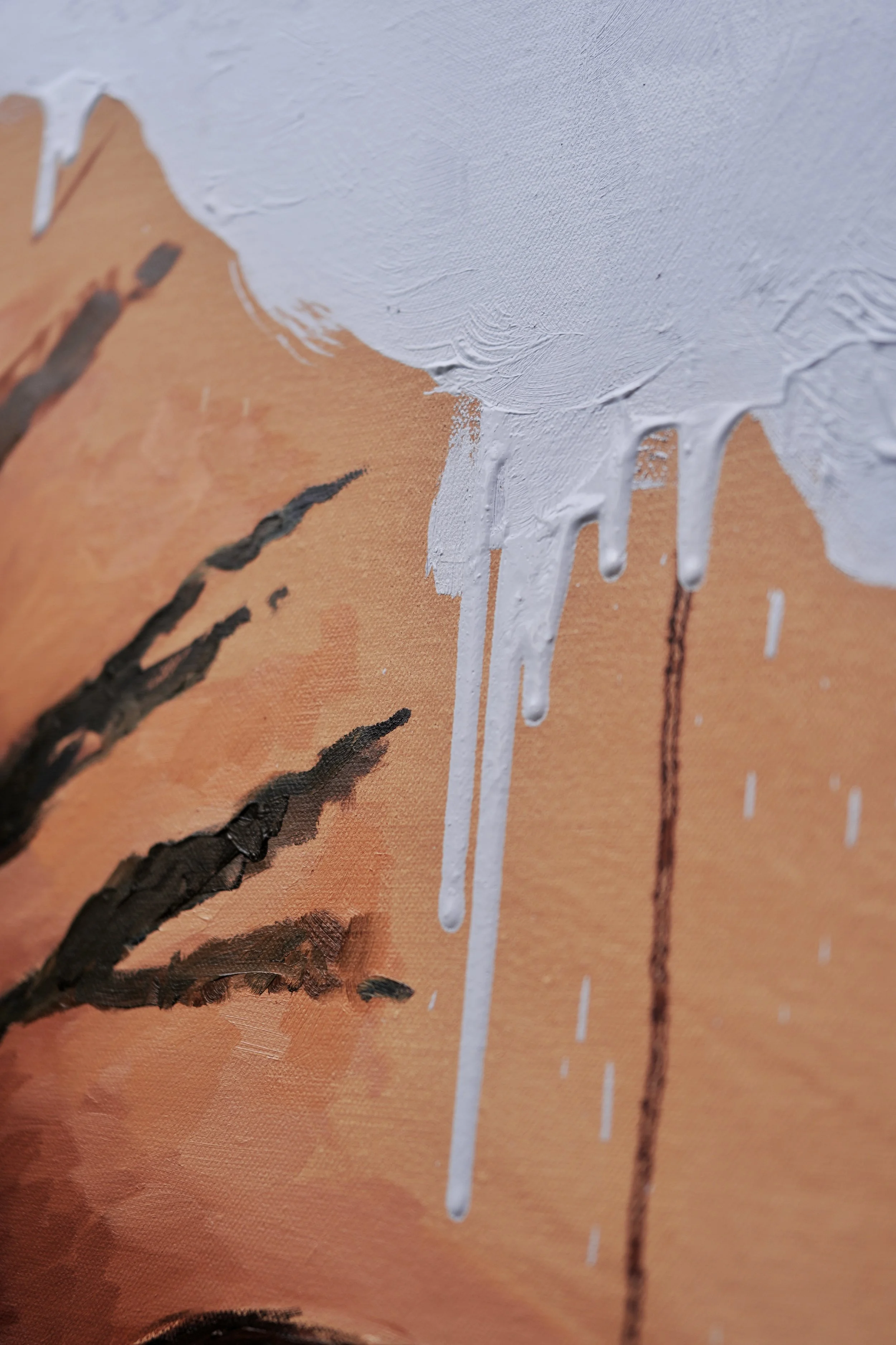 Detail of tiger stripes and loose oil drips on white ground, from Sanctuary by Marina Ogai