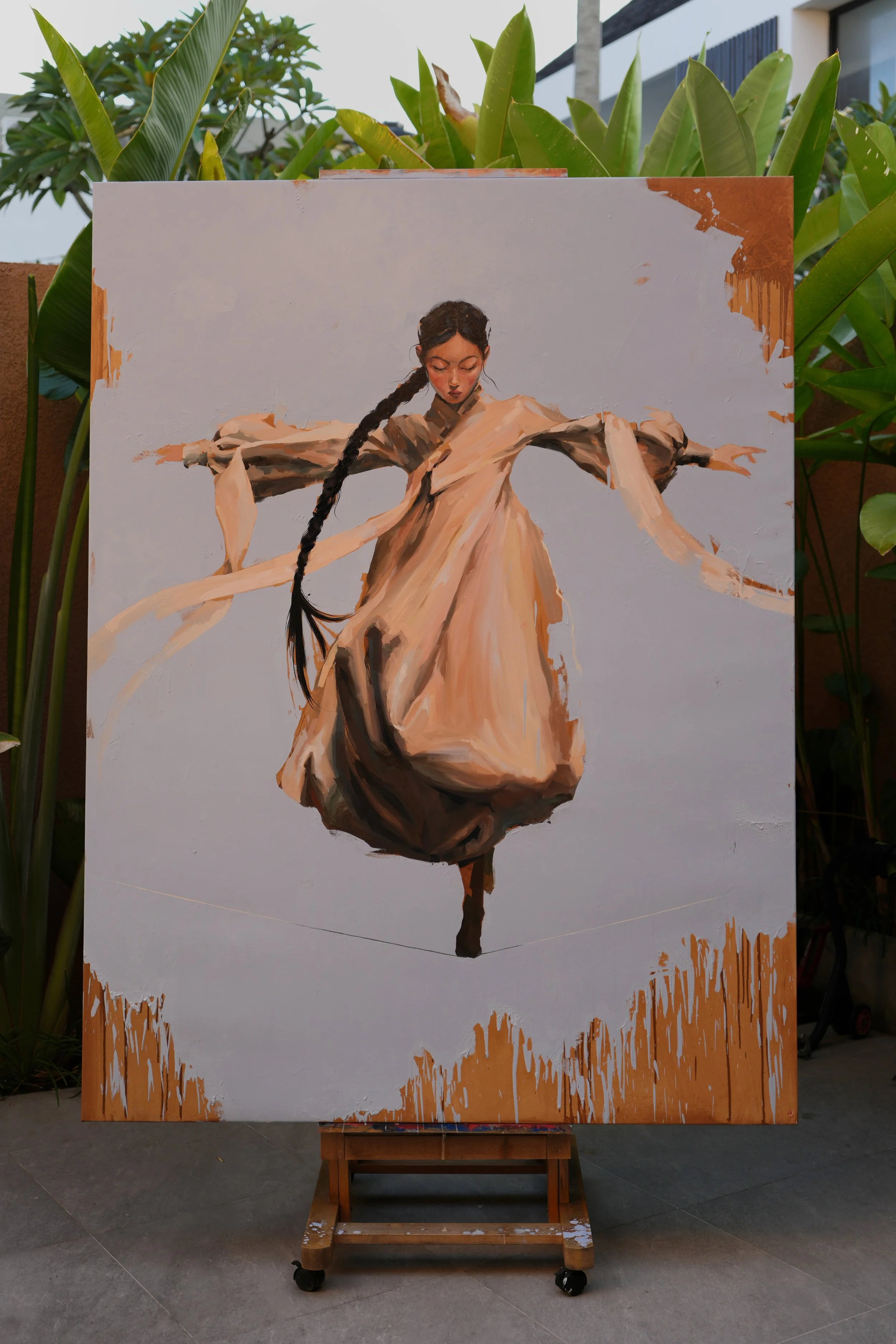 Large canvas of a girl in hanbok balancing on a line, standing outdoors among tropical plants, oil on linen, from Given by Marina Ogai