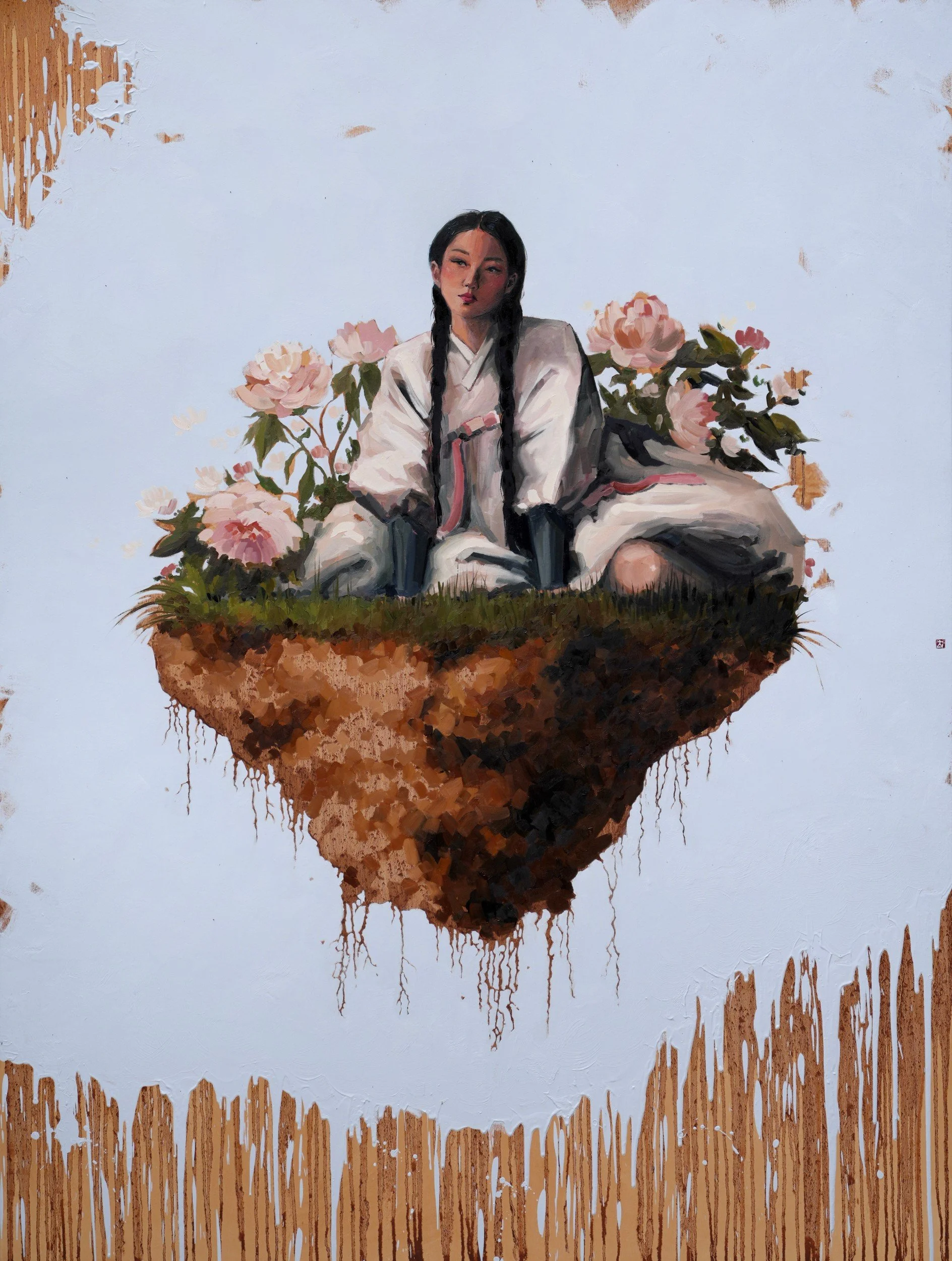 Woman in a milky hanbok with long black braids sits on a floating clod of earth with hanging roots, among pale pink peonies – Moran, oil on linen canvas, by Marina Ogai