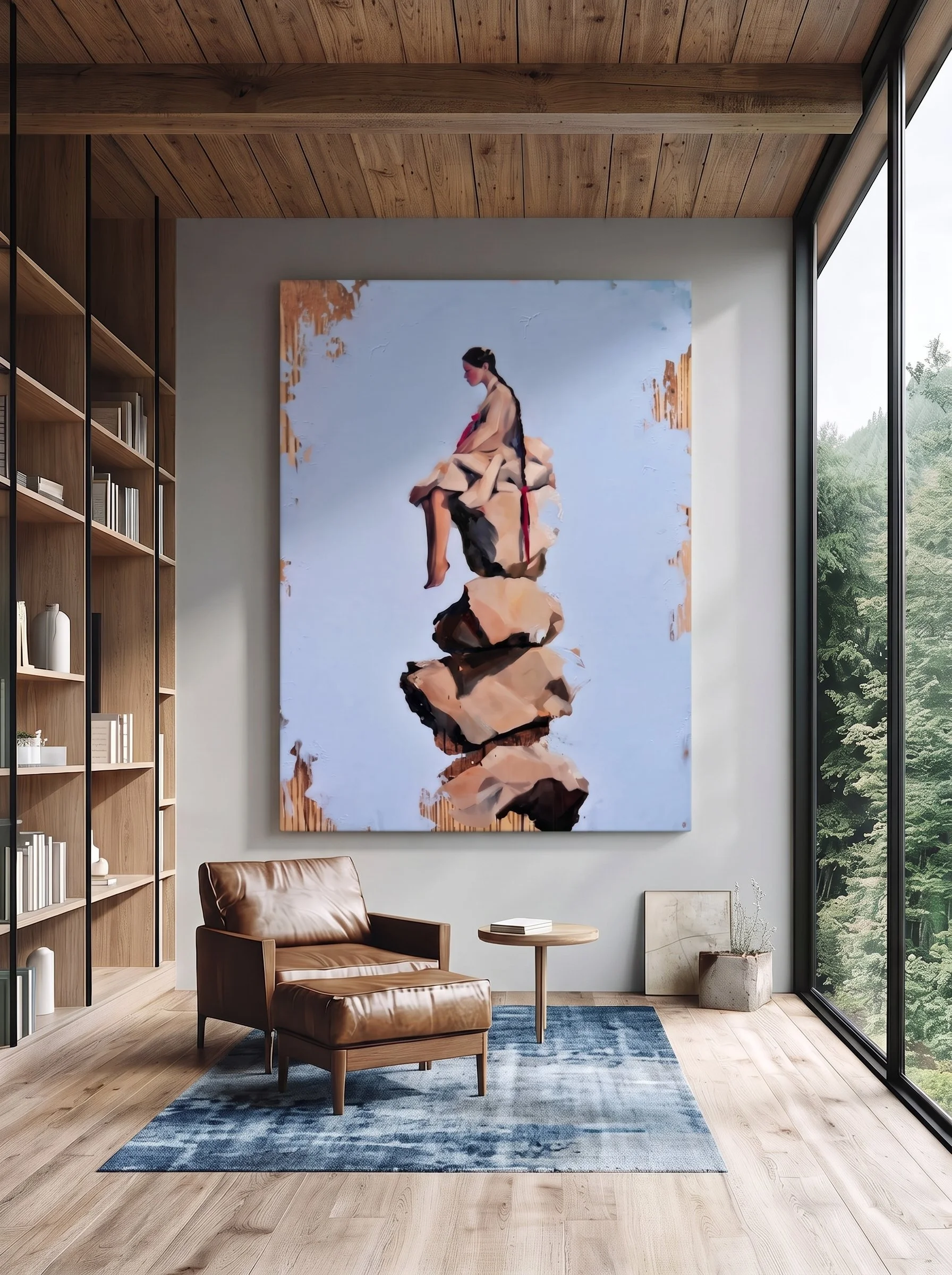 Room mockup of Cairn in a tall room with bookshelves, a leather armchair and a window onto forest – large oil on linen by Marina Ogai