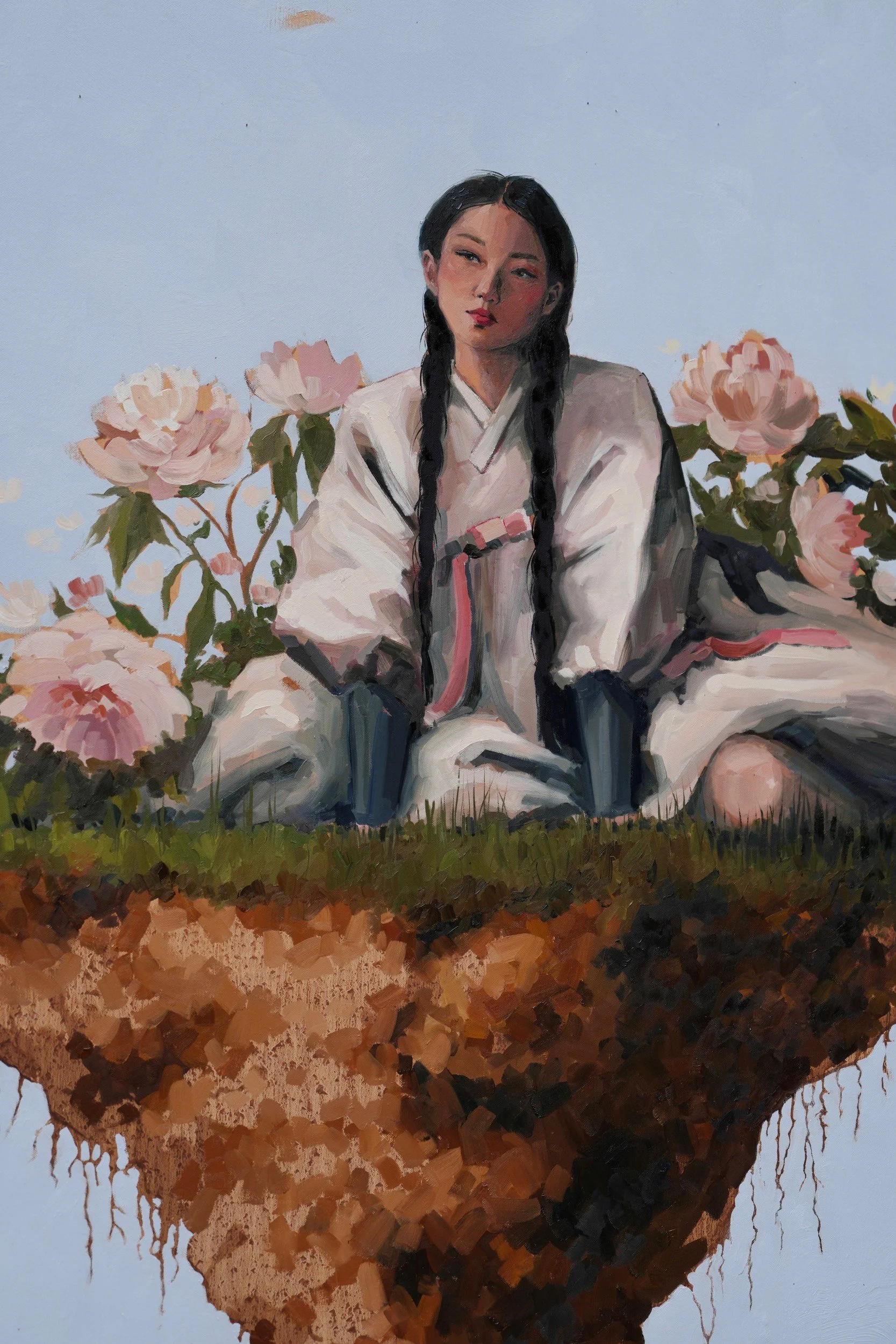 Moran, detail – the woman in hanbok with grey-blue cuffs sits cross-legged among peonies on the floating earth, by Marina Ogai