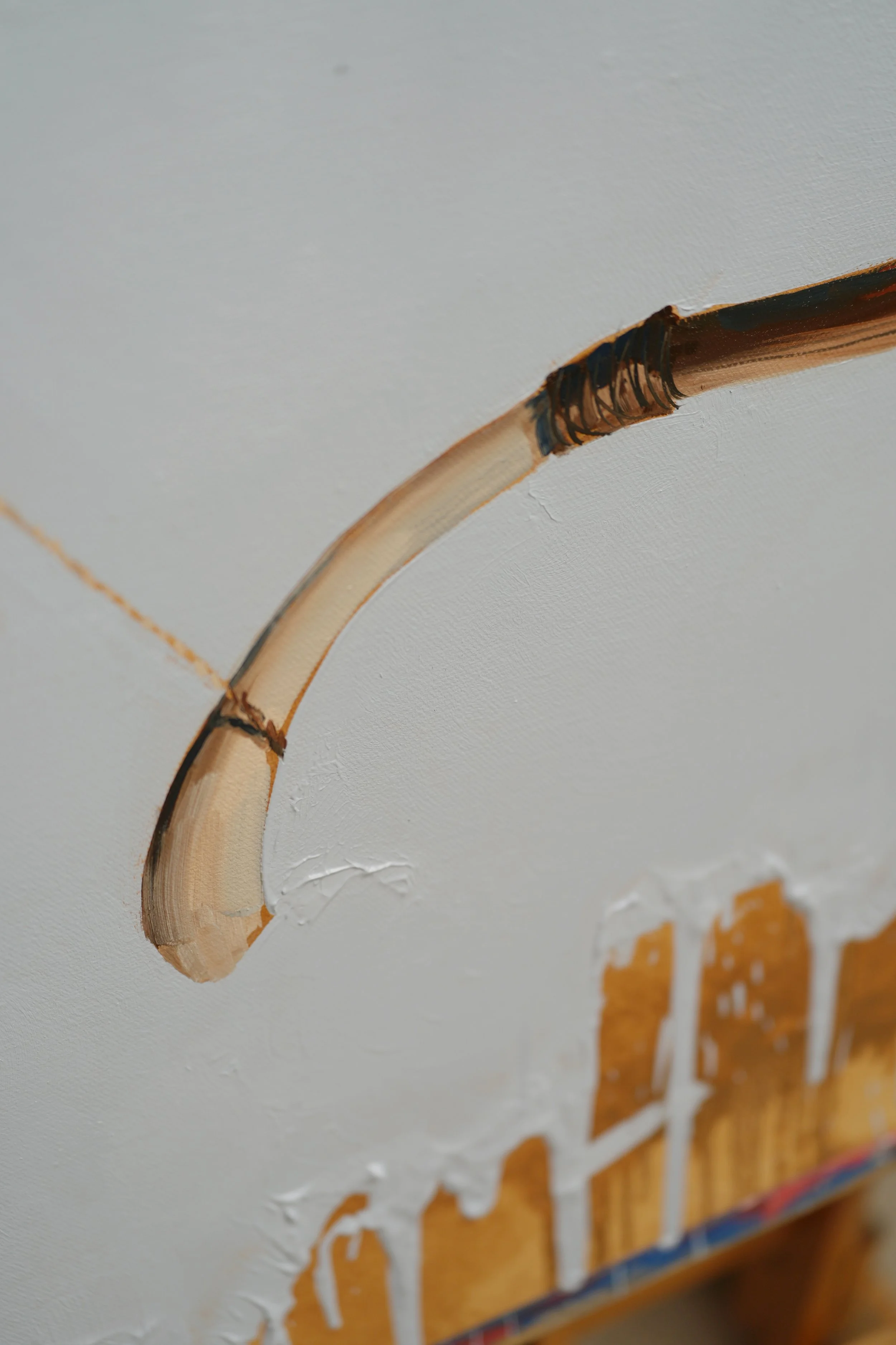 Curved upper limb of the bow with cord binding, oil on linen detail, from Given by Marina Ogai