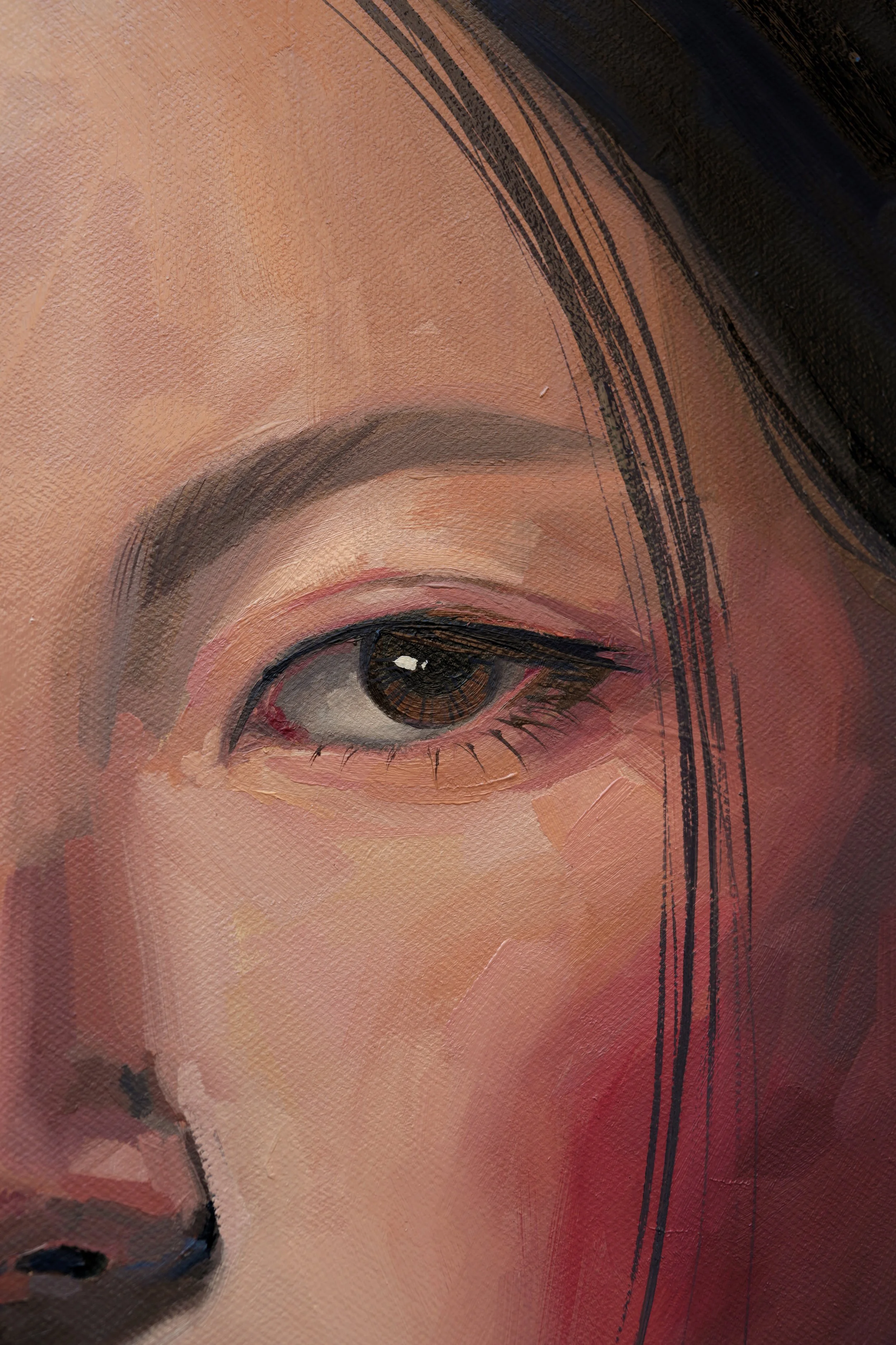 Close-up of the eye and cheek with loose strands of hair and visible brushwork, detail of Jeopgi by Marina Ogai