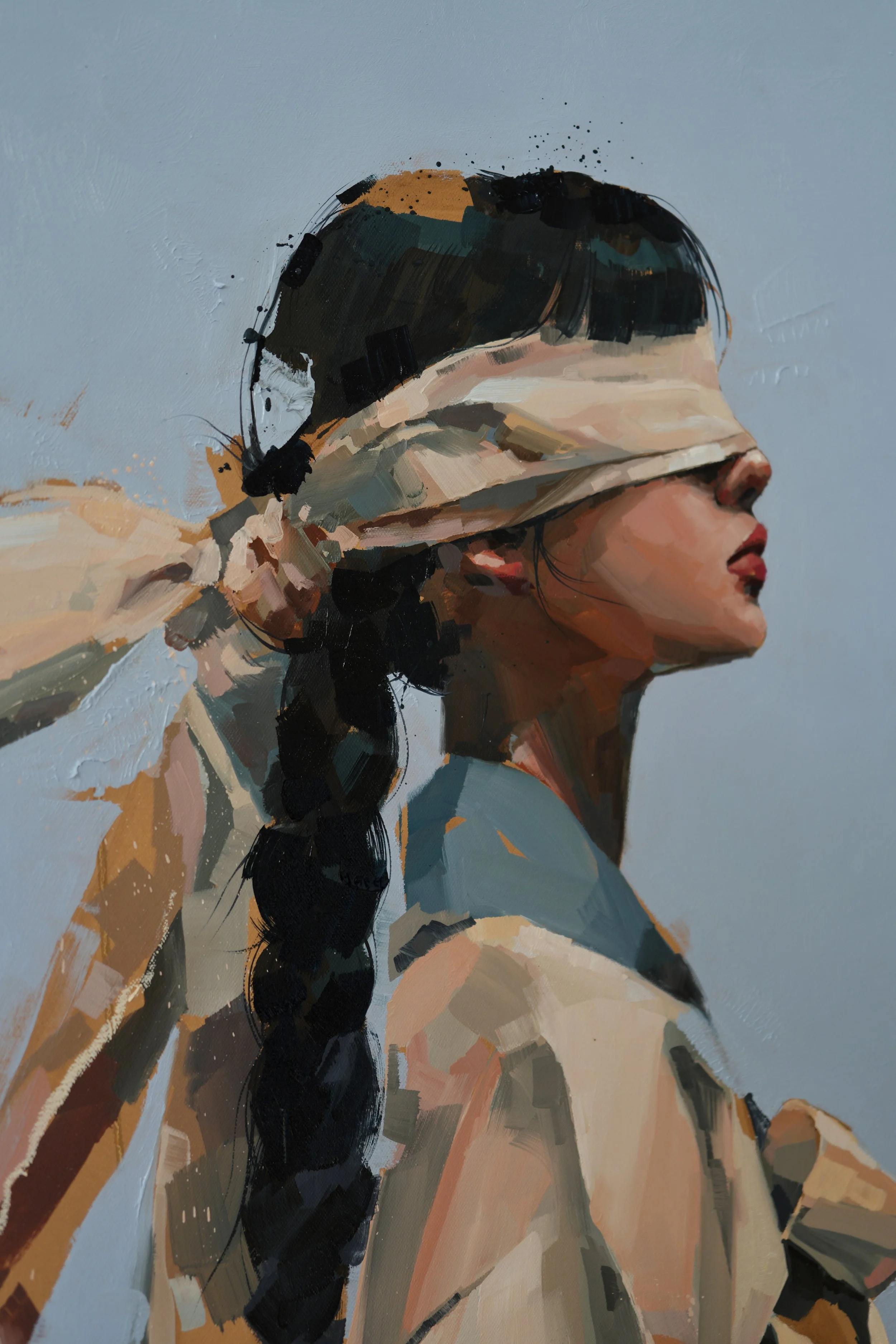 Close view of the knotted ribbon across her eyes and the bow behind her head, thick oil brushwork, from Given by Marina Ogai