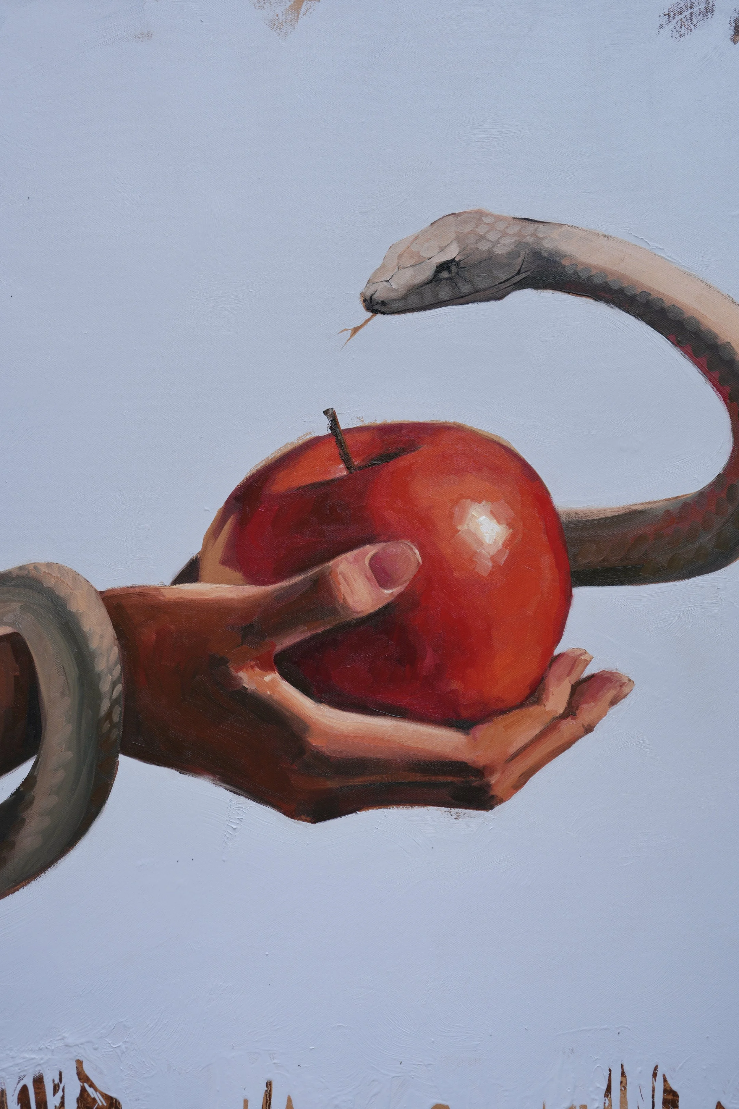 Sagwa, detail – an open palm holds a glossy red apple as the snake curves its head above it, oil on linen by Marina Ogai