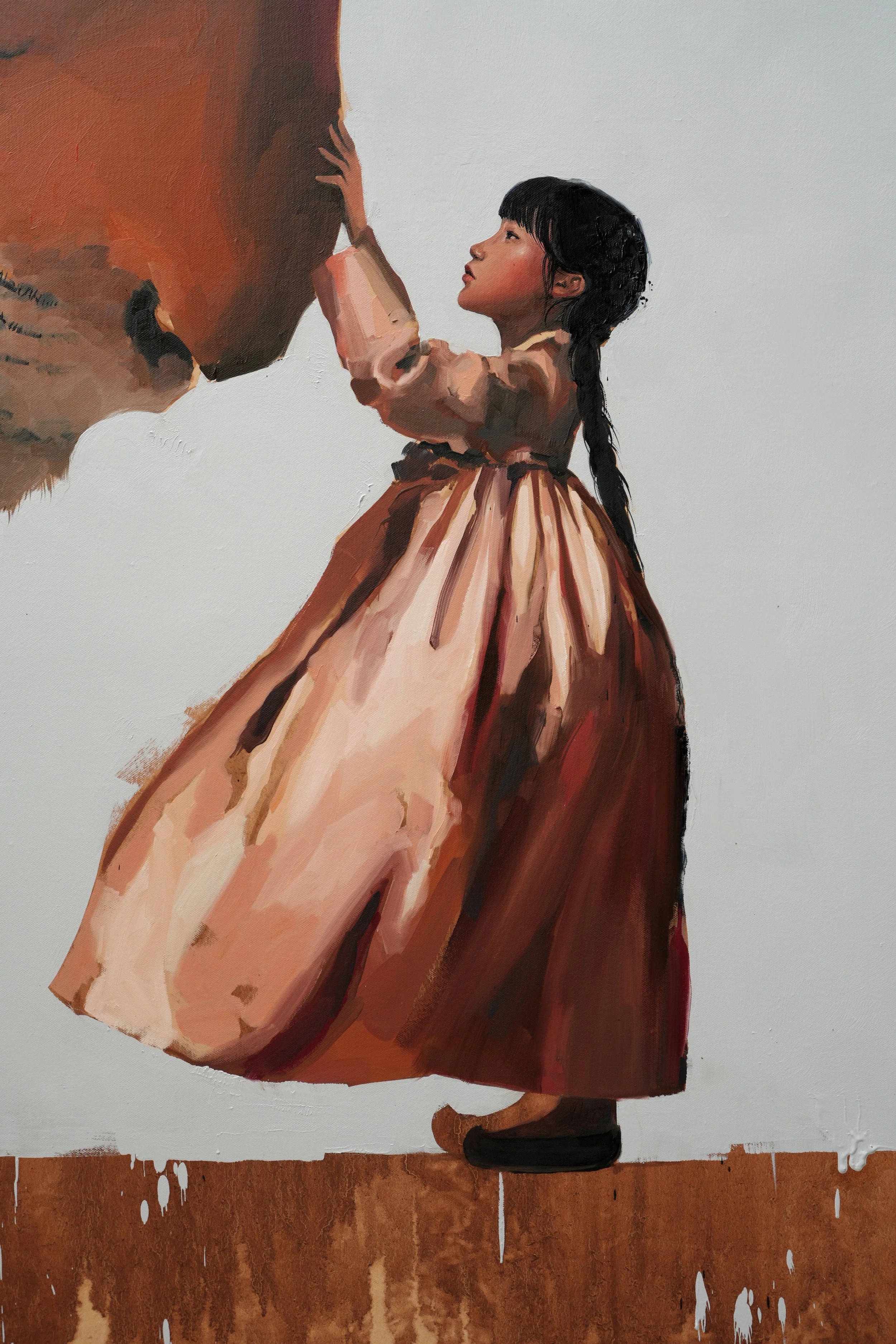 Detail: a girl in a flowing pink hanbok with a long braid stretches up to the tiger's nose, oil on linen by Marina Ogai