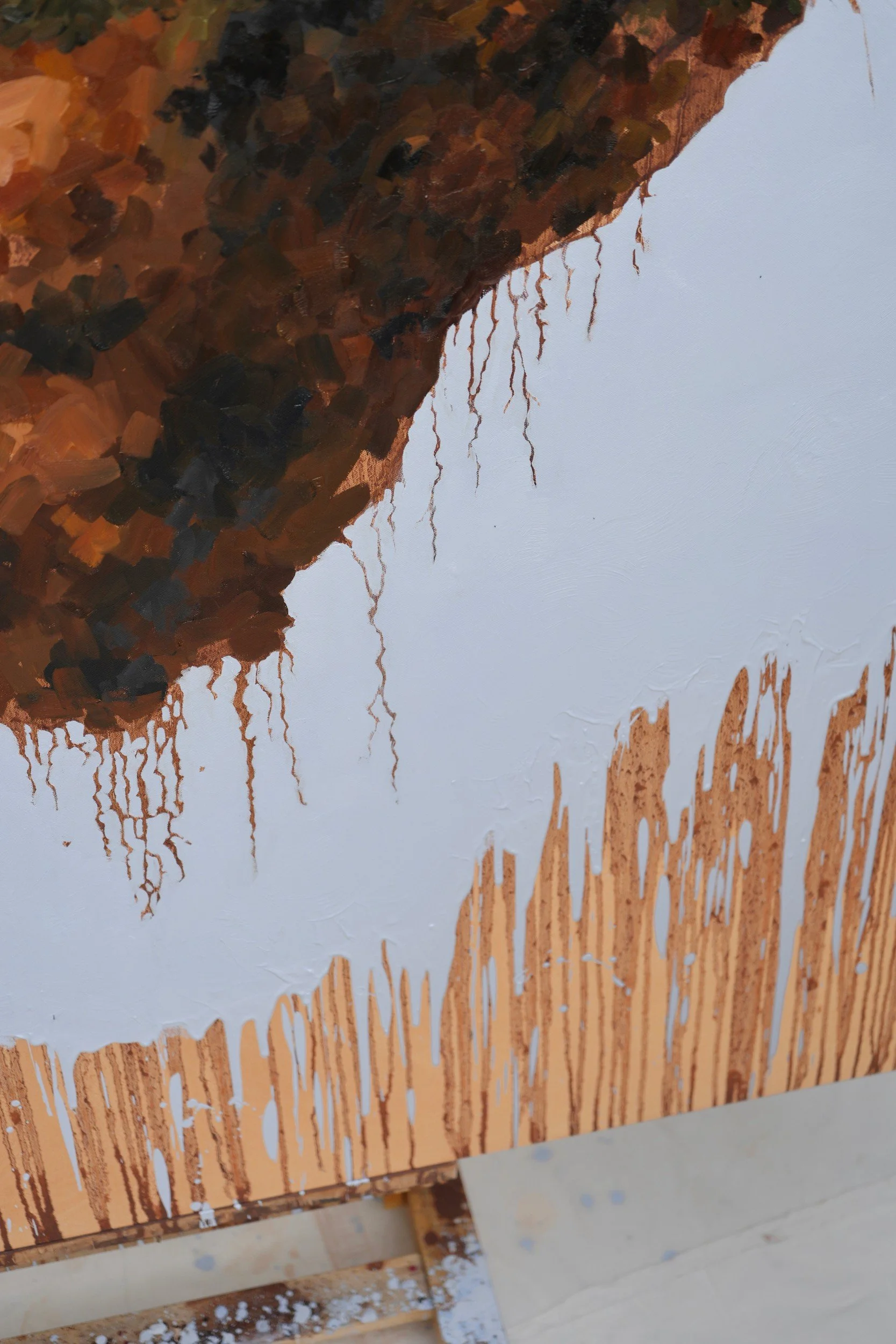Moran, detail – roots hanging from the floating earth above the ochre drips at the lower edge of the linen, by Marina Ogai