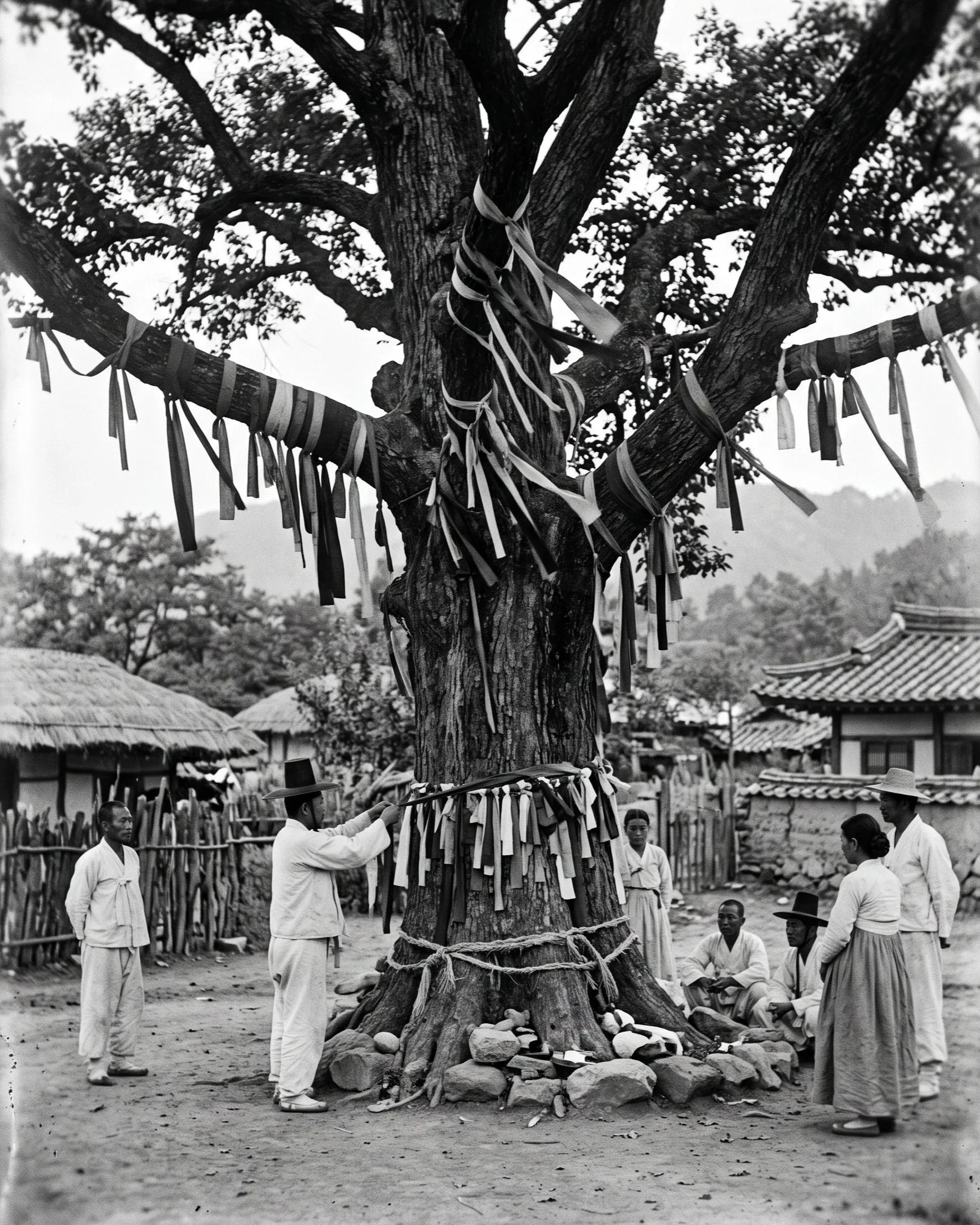 Black-and-white image of a Korean village guardian tree, its trunk and branches tied with strips of cloth, stones piled at the roots and villagers around it