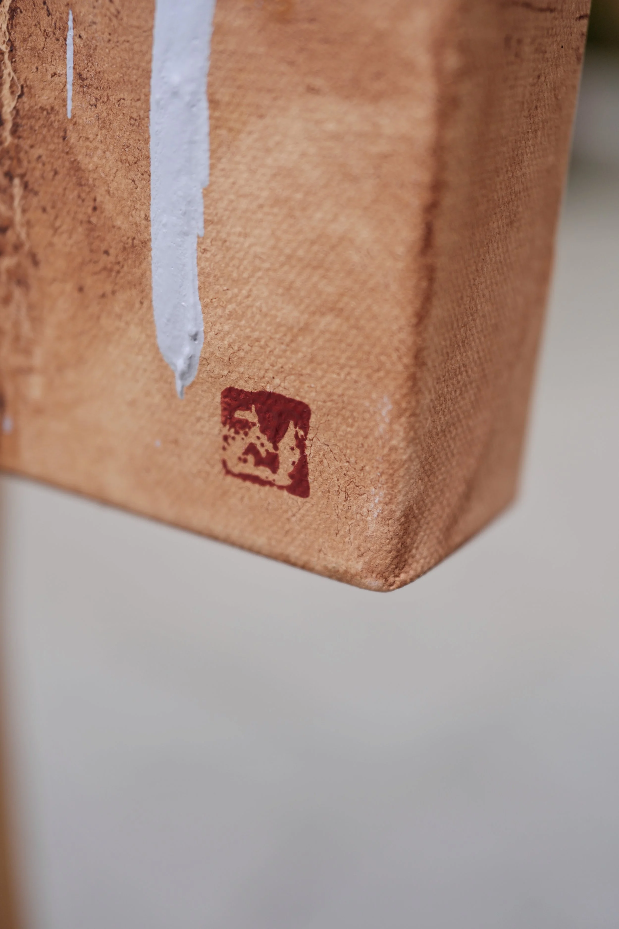 Side edge of the linen canvas with the artist's red seal, Sanctuary by Marina Ogai