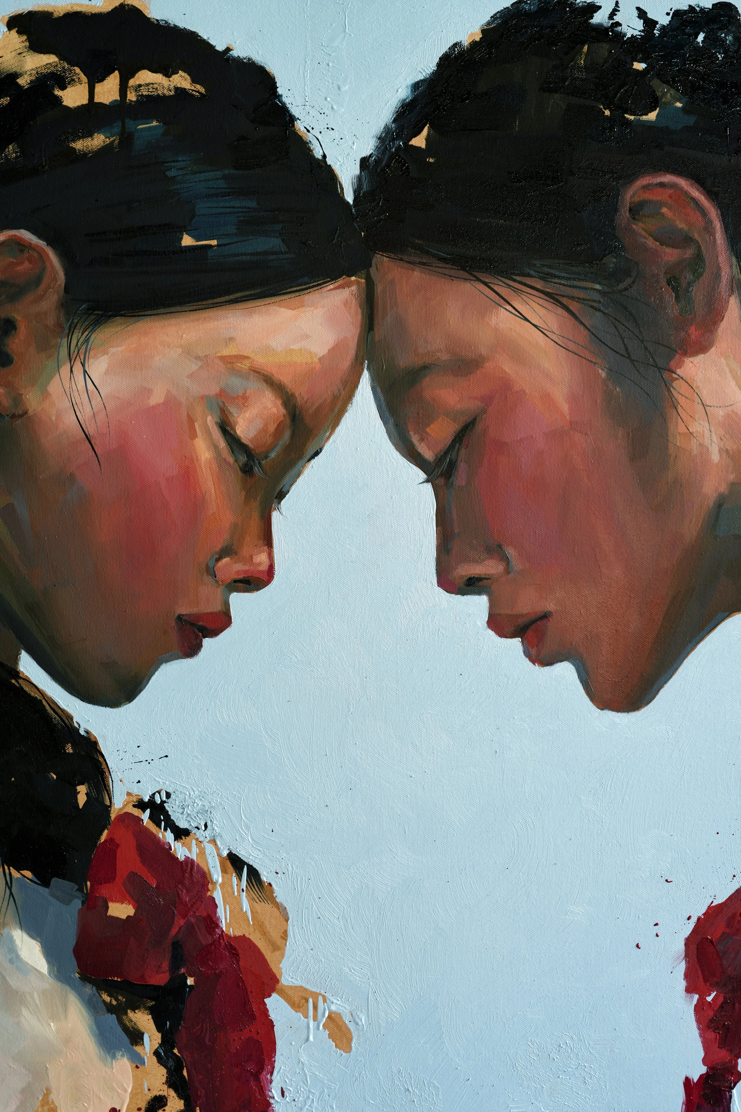 Close-up of two faces touching at the forehead, eyes closed, detail of The Encounter, oil on linen by Marina Ogai