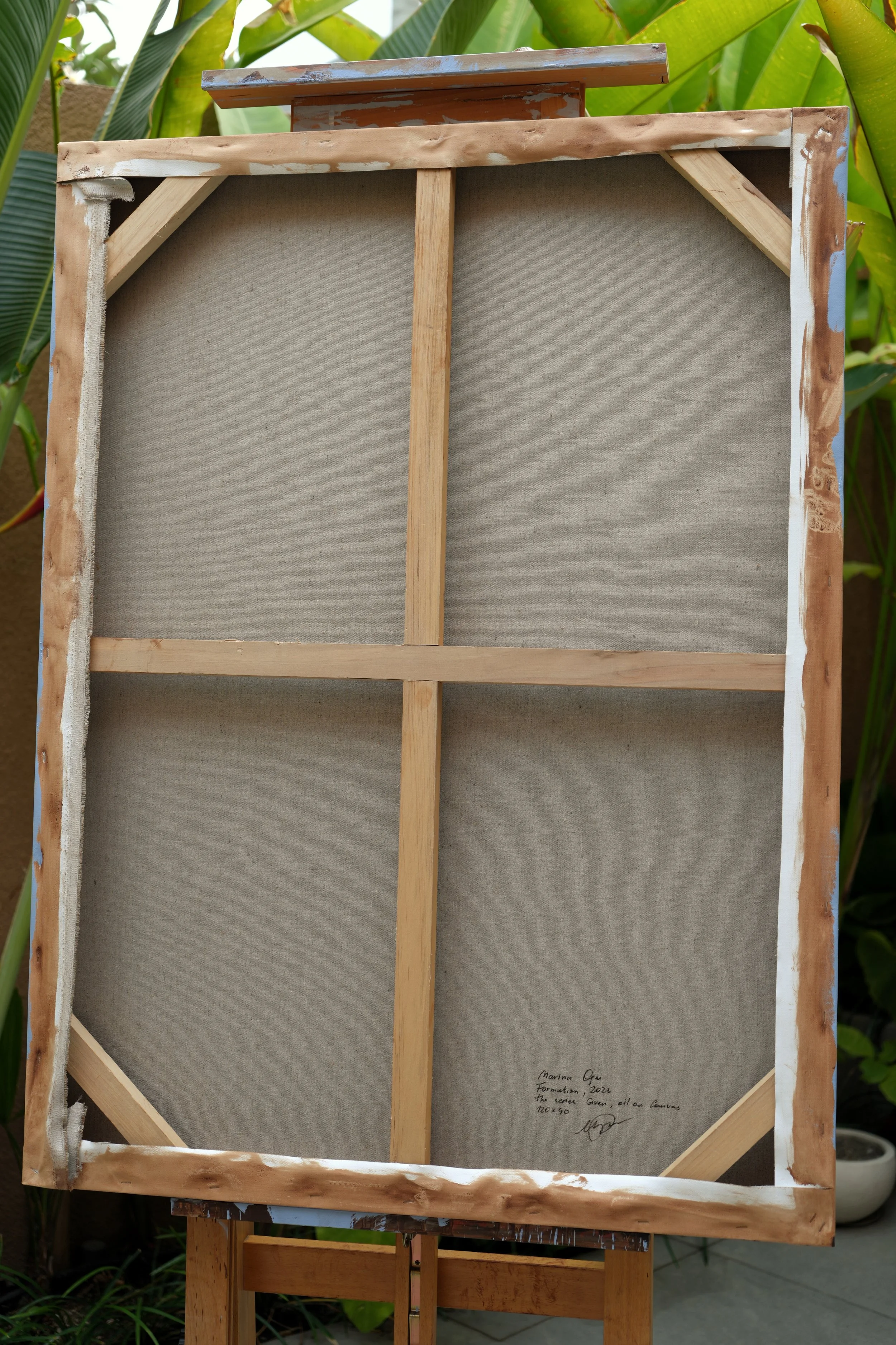Reverse of Formation – bare linen and wooden stretcher bars, signed on the back