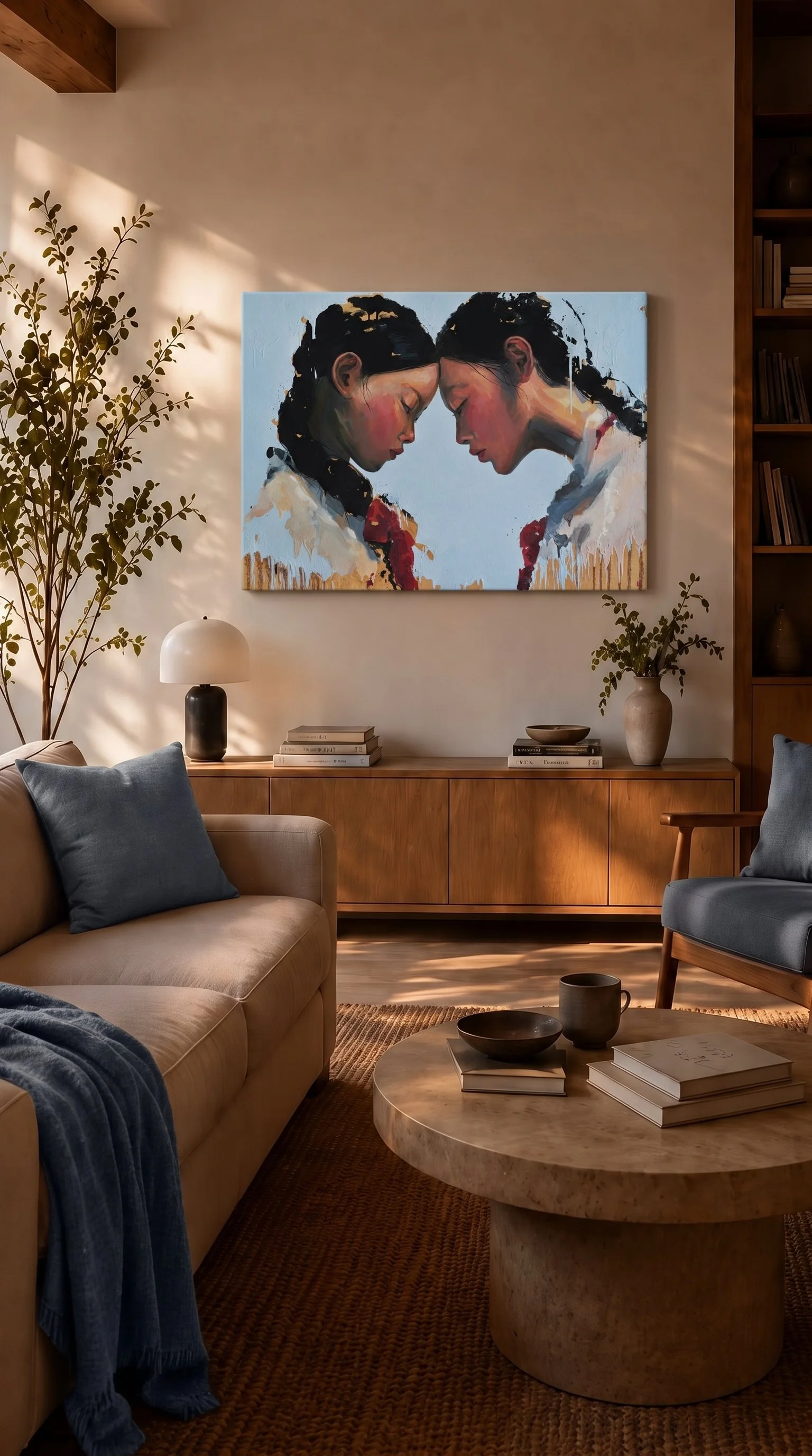 Oil painting from the Given series by Marina Ogai, two girls with braids touching foreheads, hanging above a sideboard in a living room.