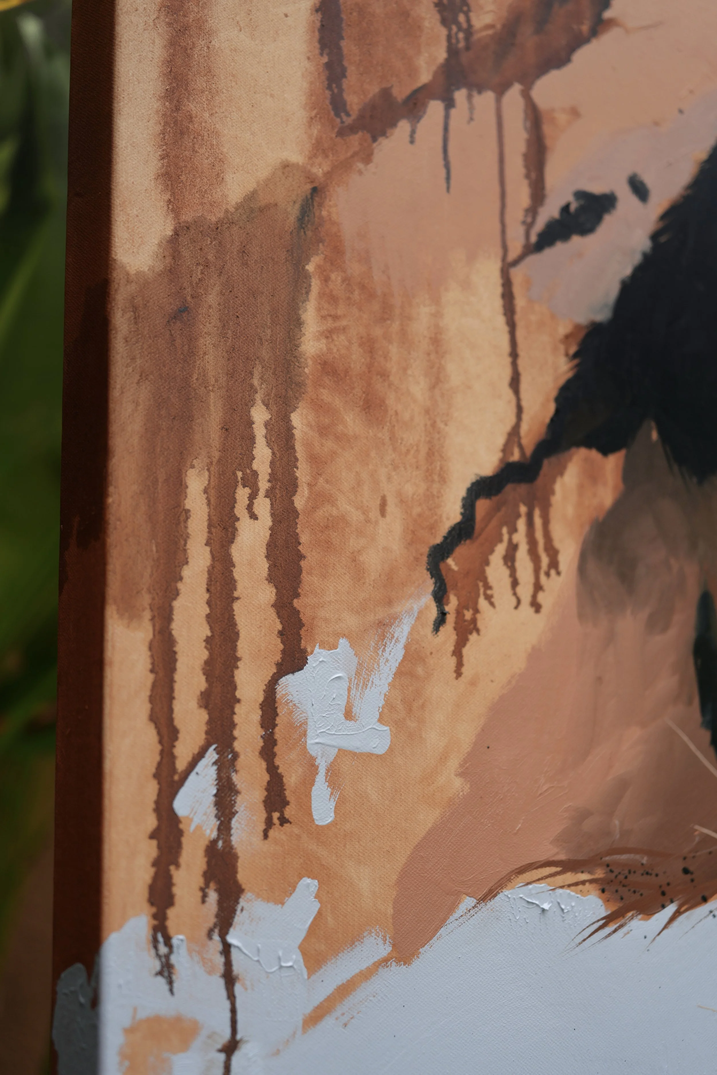 Close-up of rust and ochre paint drips running across the top of the canvas in Horangi by Marina Ogai