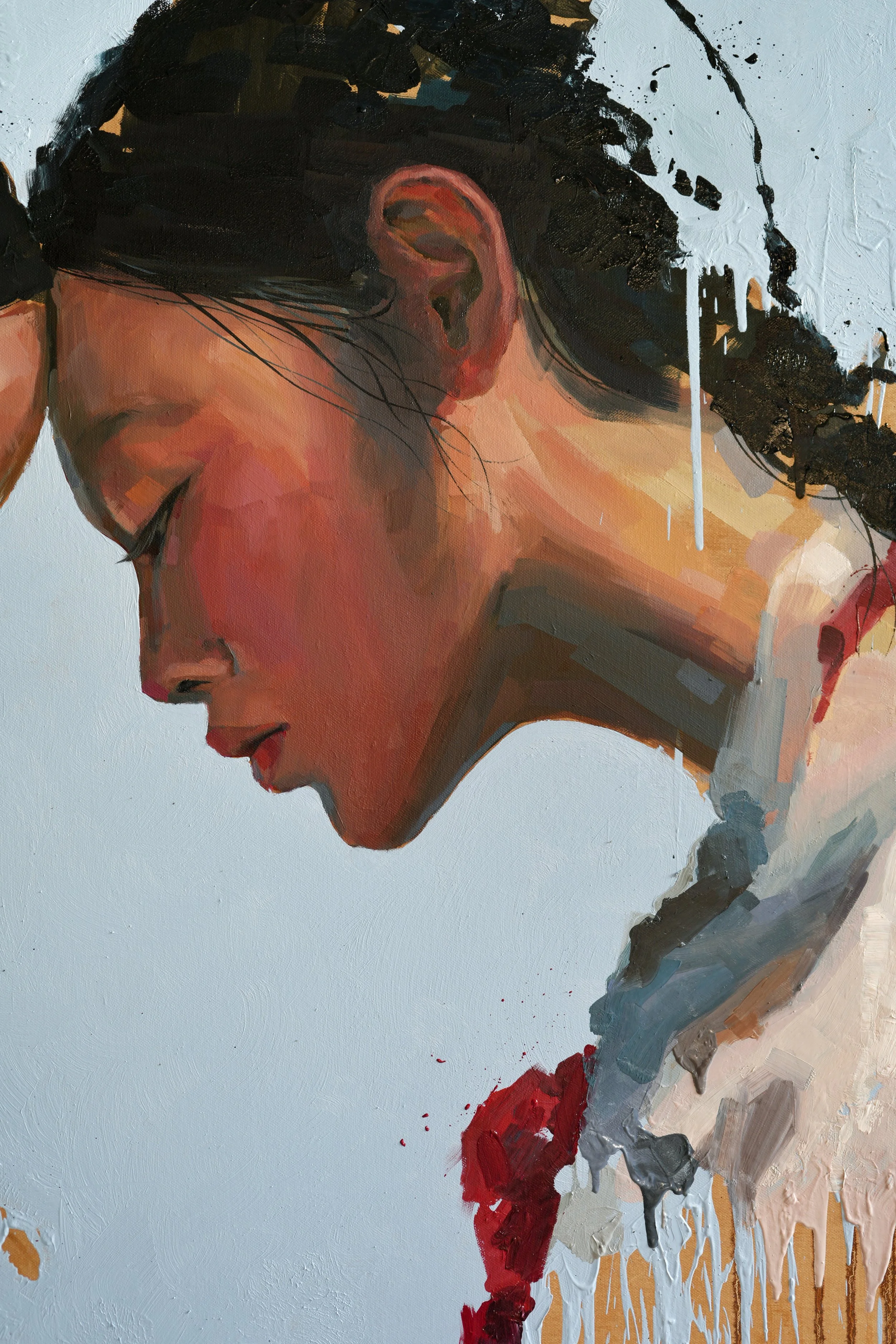 Close-up of the adult face in profile, eyes closed and head bowed, detail of The Encounter by Marina Ogai