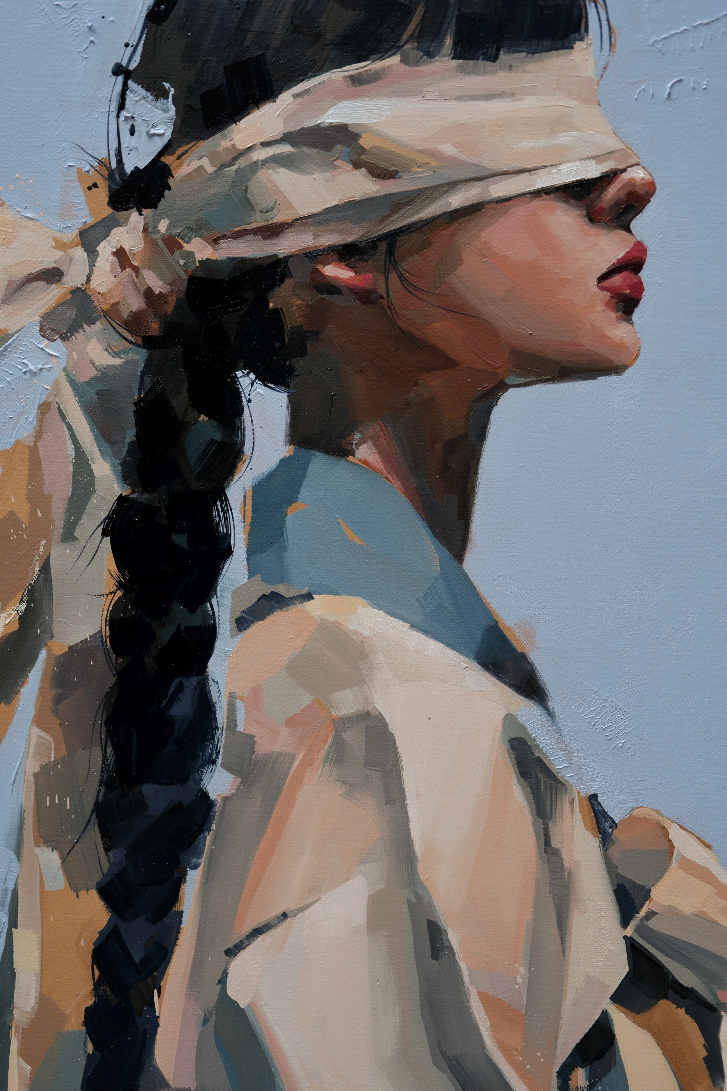 Close profile with red lips and a black braid falling past the shoulder, thick oil brushwork, from Given by Marina Ogai