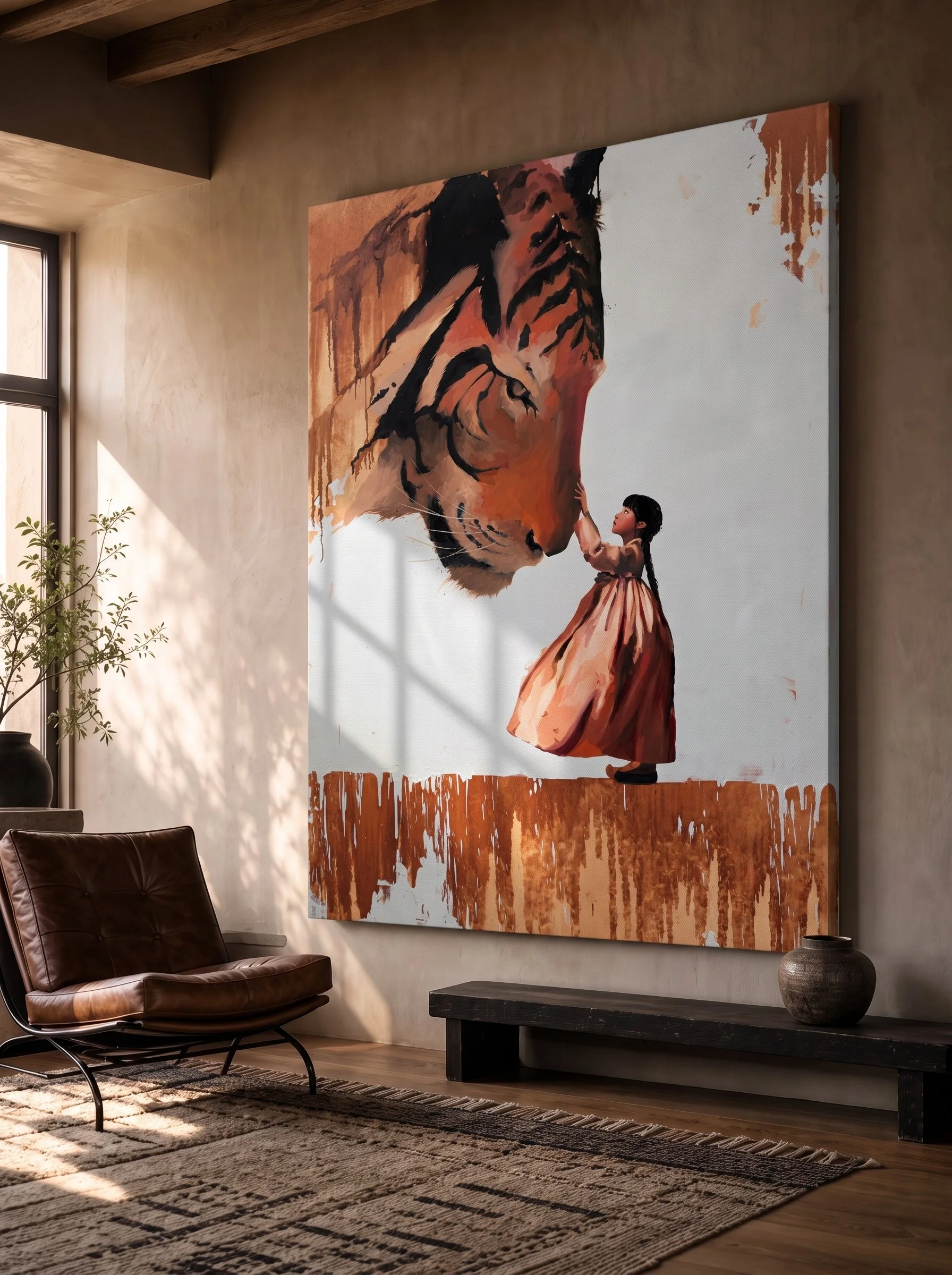 Horangi shown in a light living room with tall windows and a leather armchair, interior visualisation, by Marina Ogai