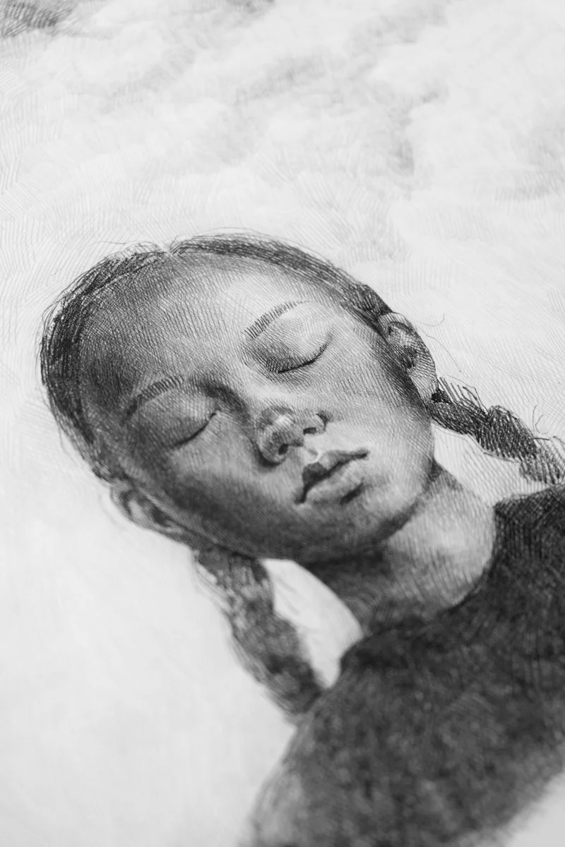 A young girl with braids and closed eyes below a wide sky of clouds, dense pencil hatching, from The In-Between by Marina Ogai