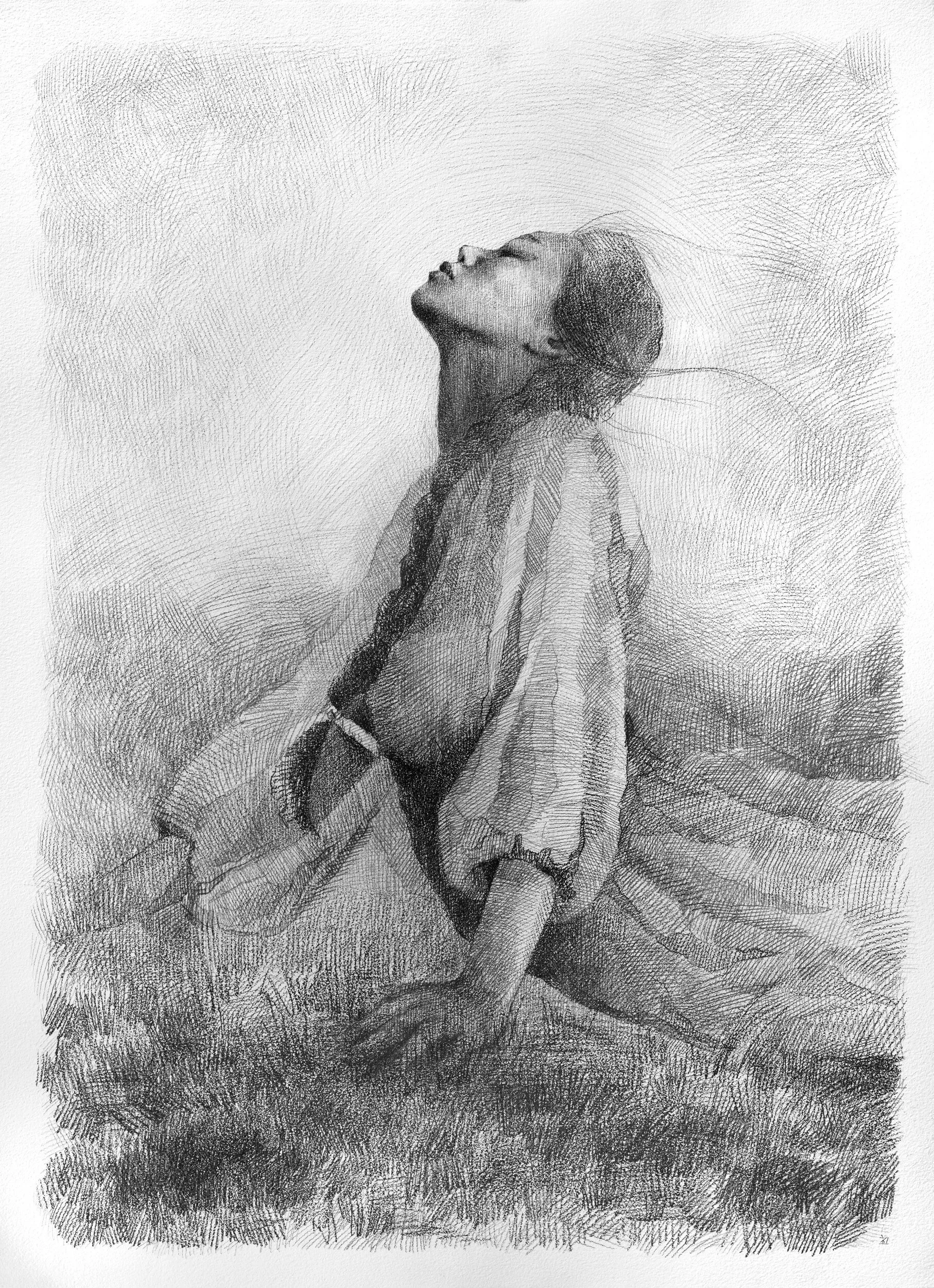 Fullness by Marina Ogai – pencil drawing on paper: a young woman kneeling in grass, head tilted back and eyes closed, full view