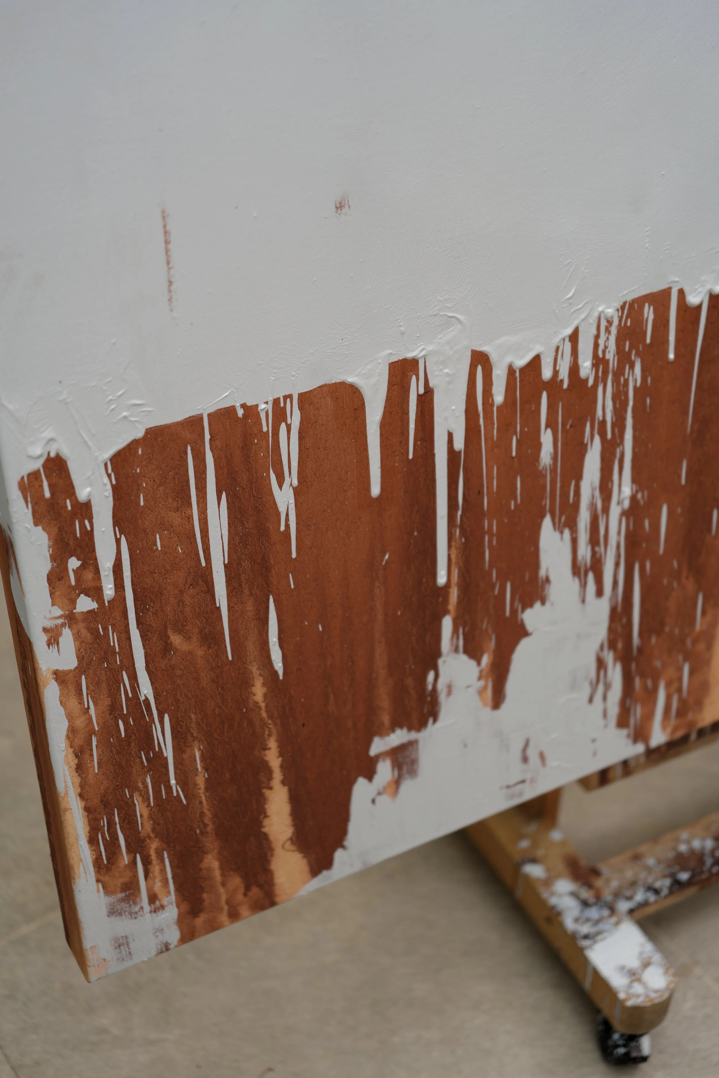 Close-up of the thick vertical rust-coloured paint strokes along the bottom of Horangi by Marina Ogai
