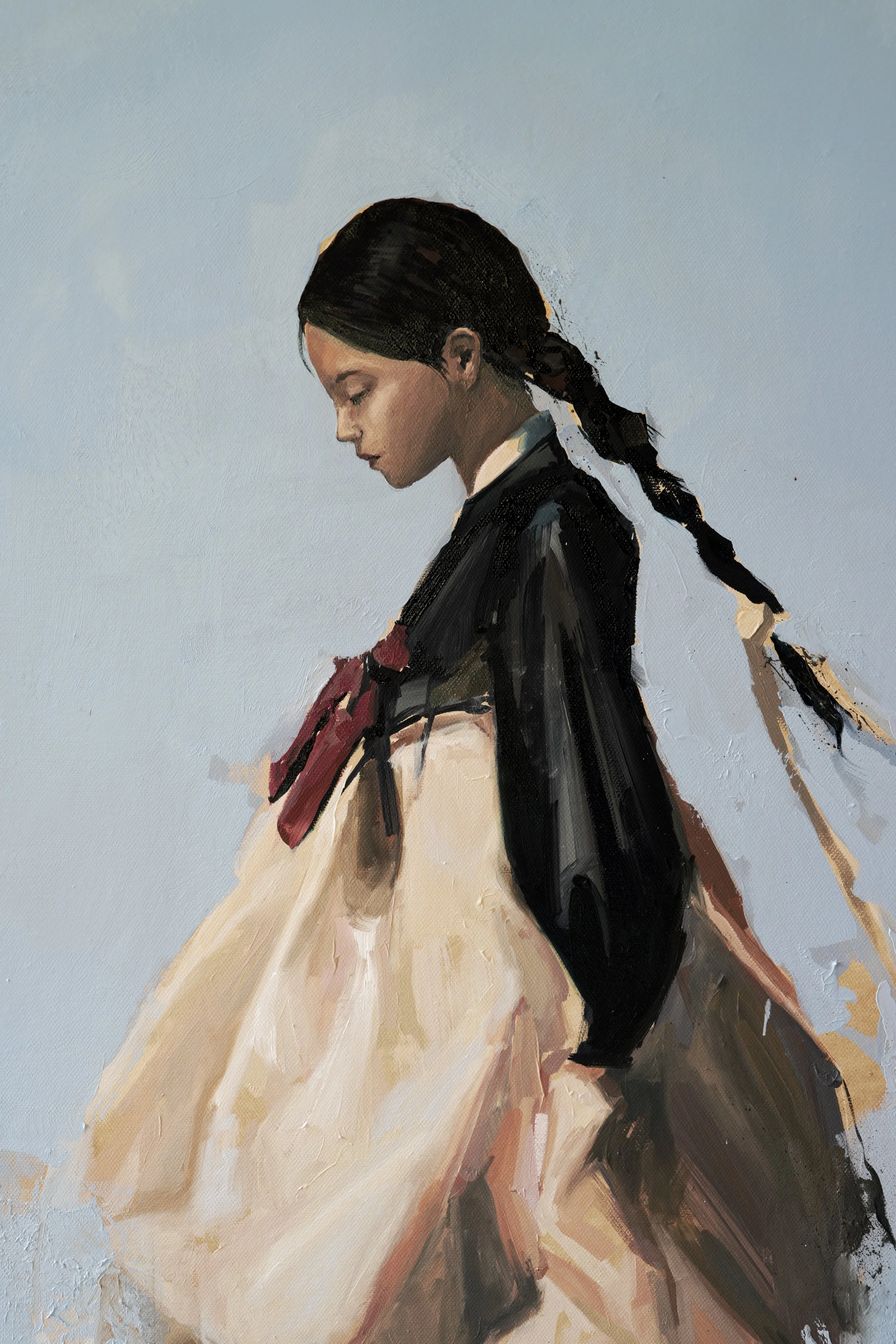 5. Profile of a woman in a black hanbok jacket with red ties and cream skirt, oil detail, from Given by Marina Ogai