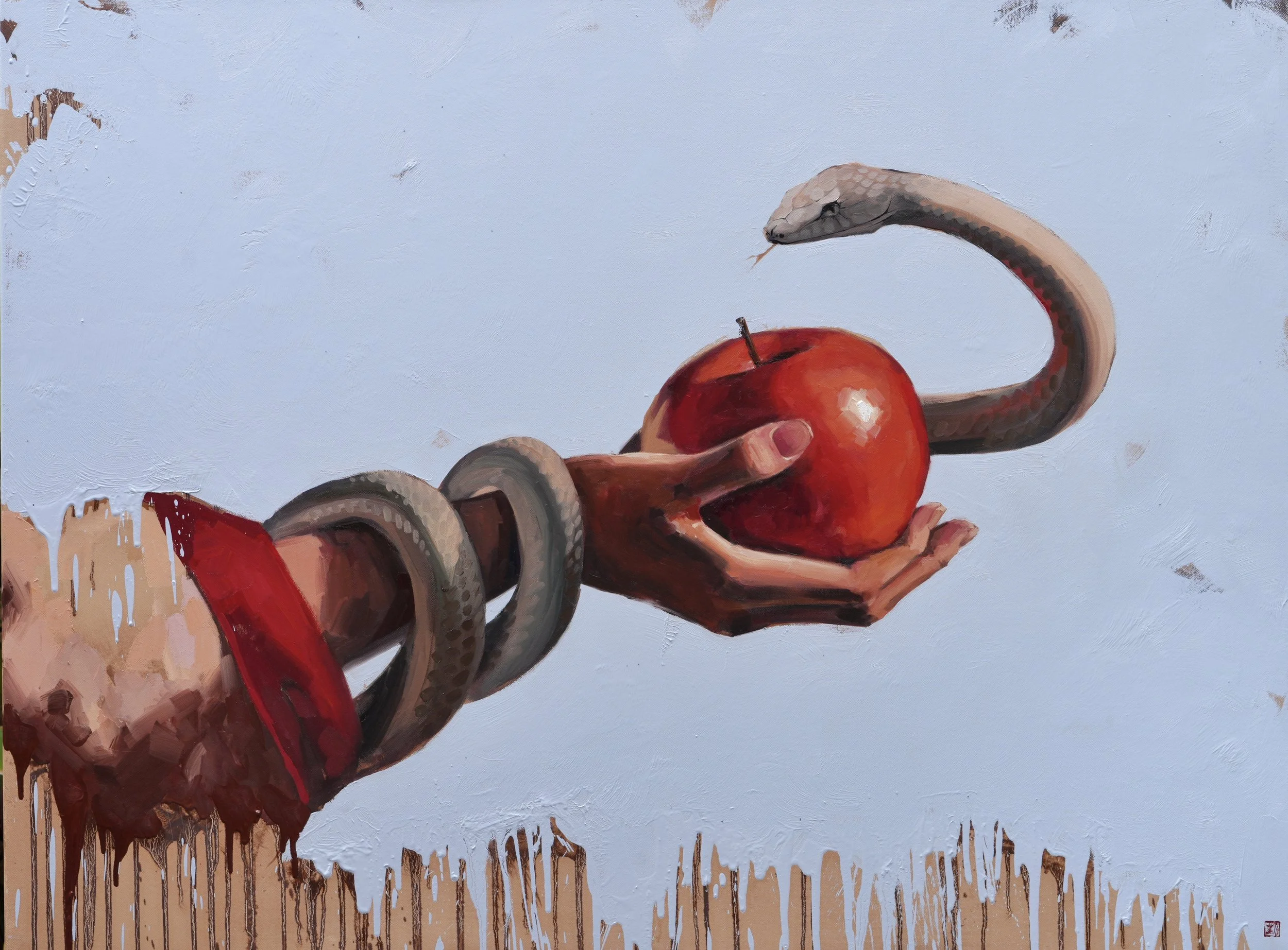 A hand in a red sleeve offers a red apple to a pale grey snake coiled around the arm, pale blue ground with ochre drips – Sagwa, oil on linen canvas, by Marina Ogai