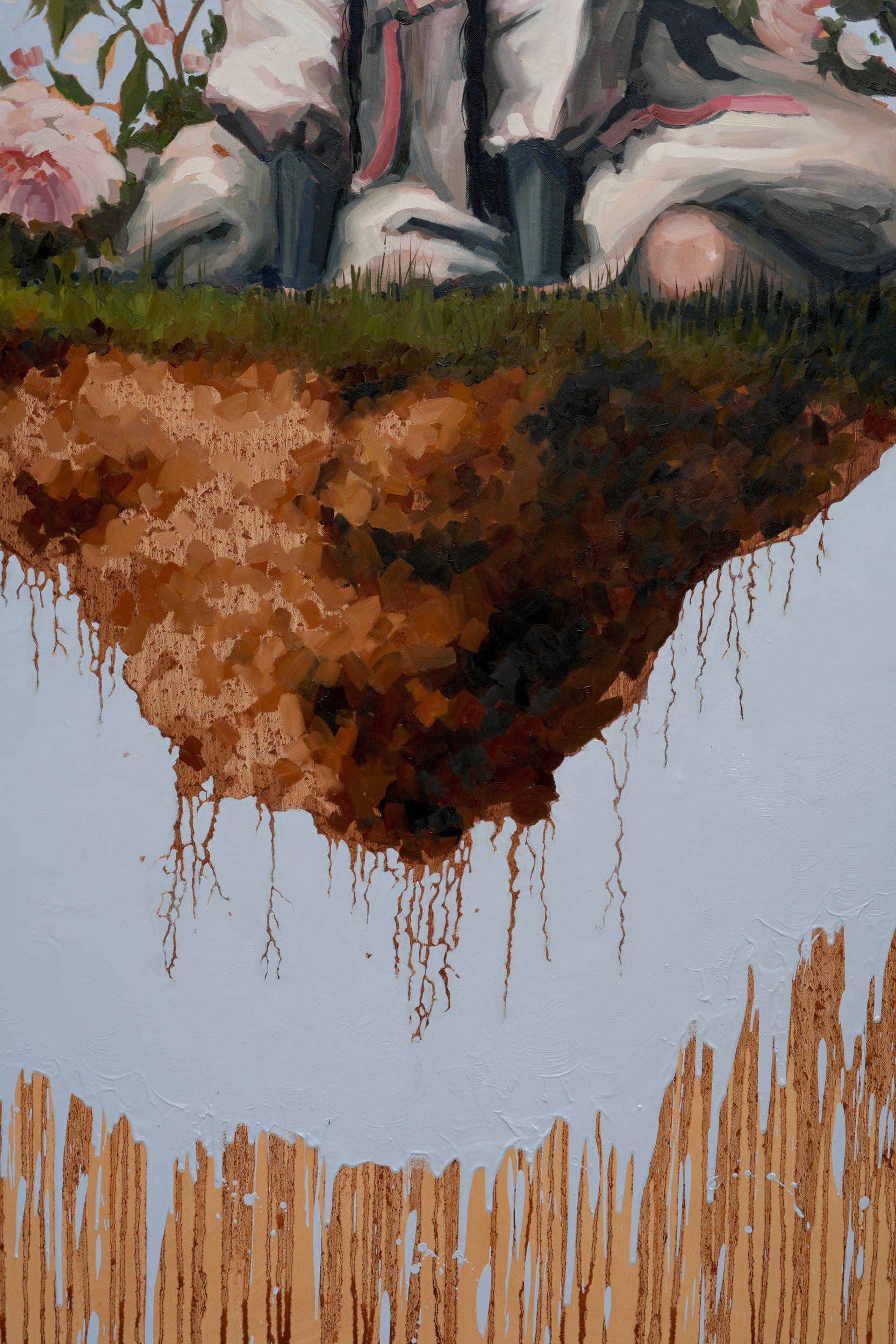 Moran, detail – the floating clod of earth with dangling roots, built from layered brown and ochre oil paint