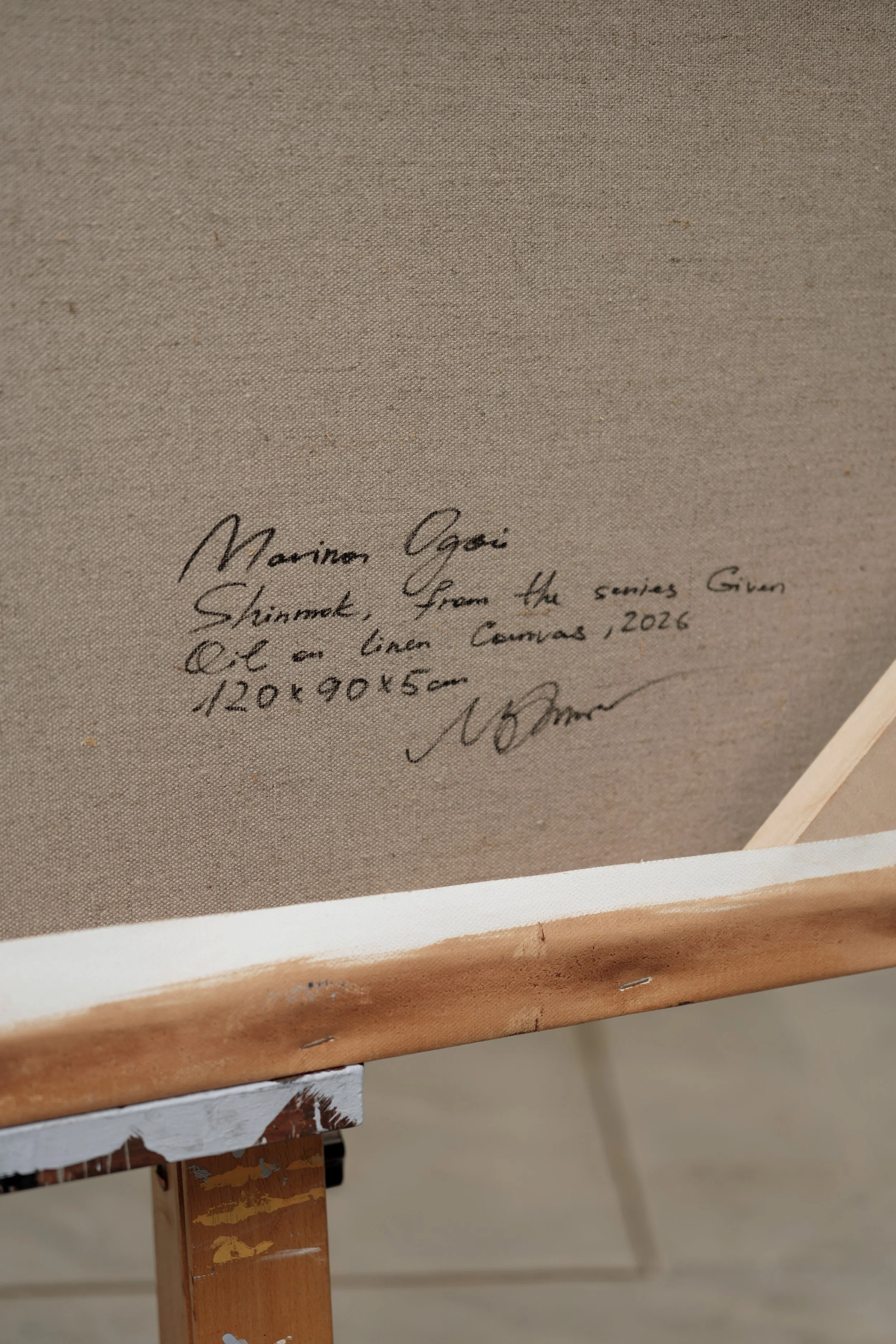 Back of the stretched linen canvas with the handwritten title and signature, Shinmok by Marina Ogai