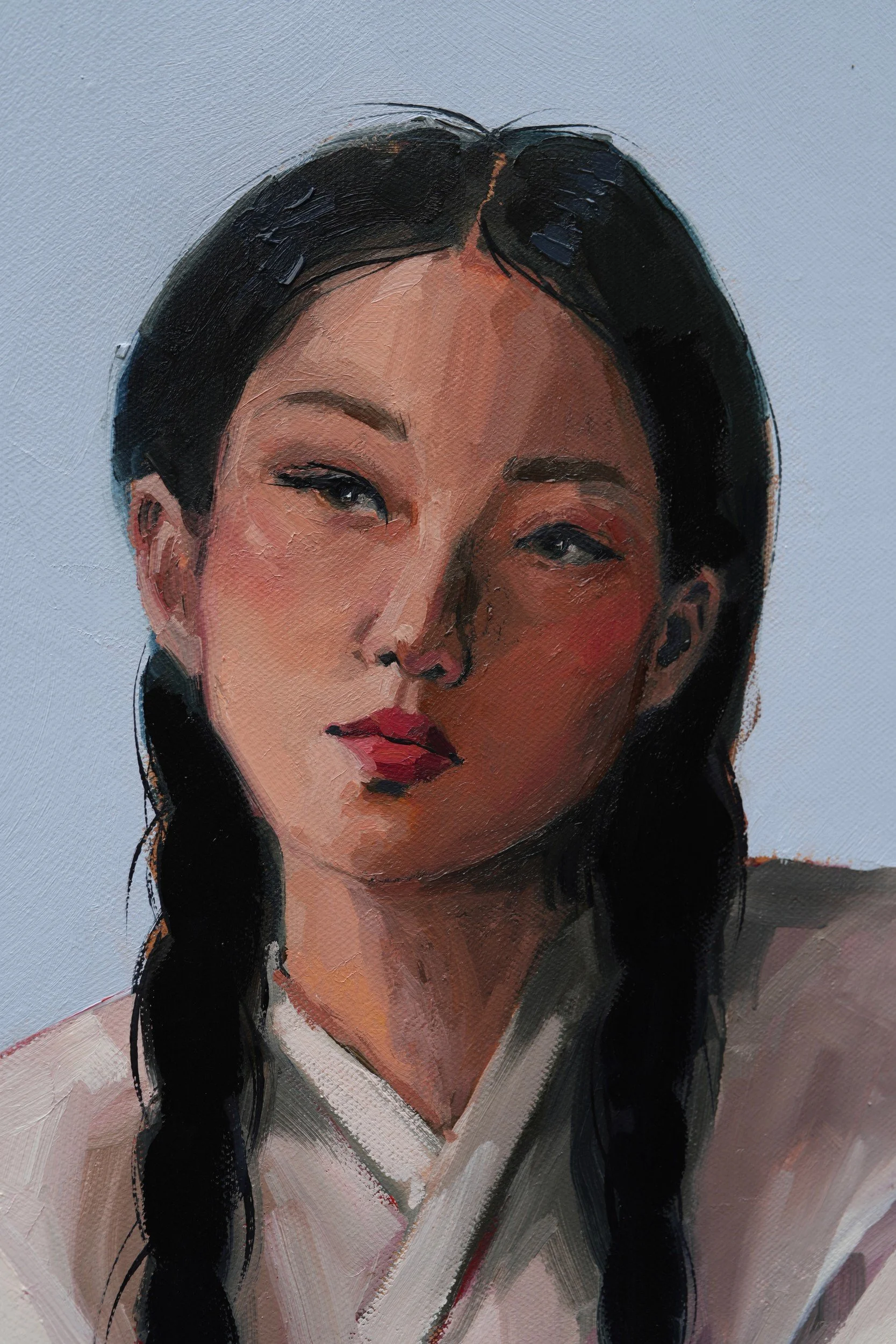 Moran, detail – the woman's face framed by two long black braids and the white collar of her hanbok, by Marina Ogai