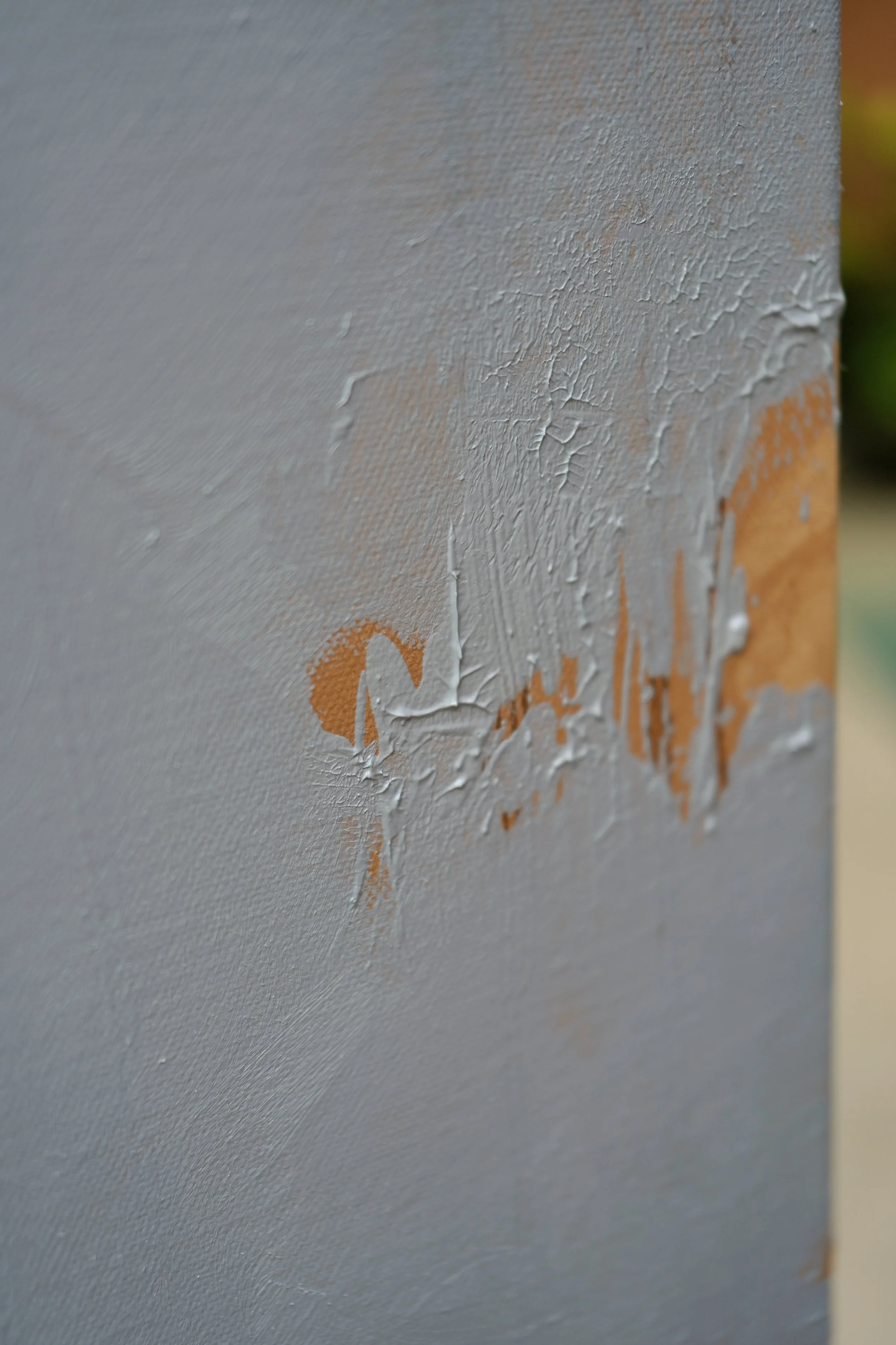 Surface detail with impasto ridges, white scrapes and ochre gold over grey-blue, oil on linen, from Given by Marina Ogai
