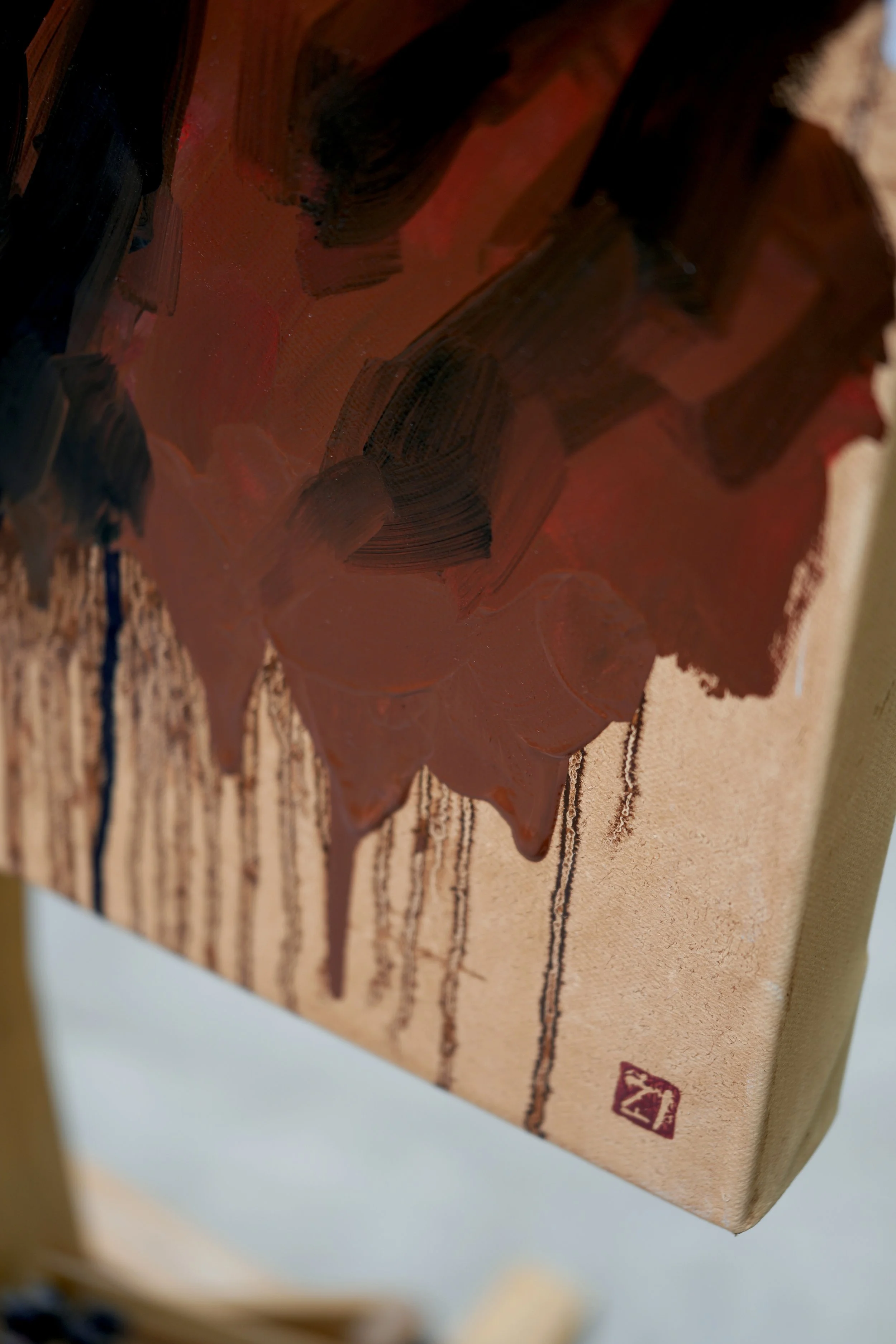 Detail of red ribbons, tree bark and loose oil drips, from Shinmok by Marina Ogai